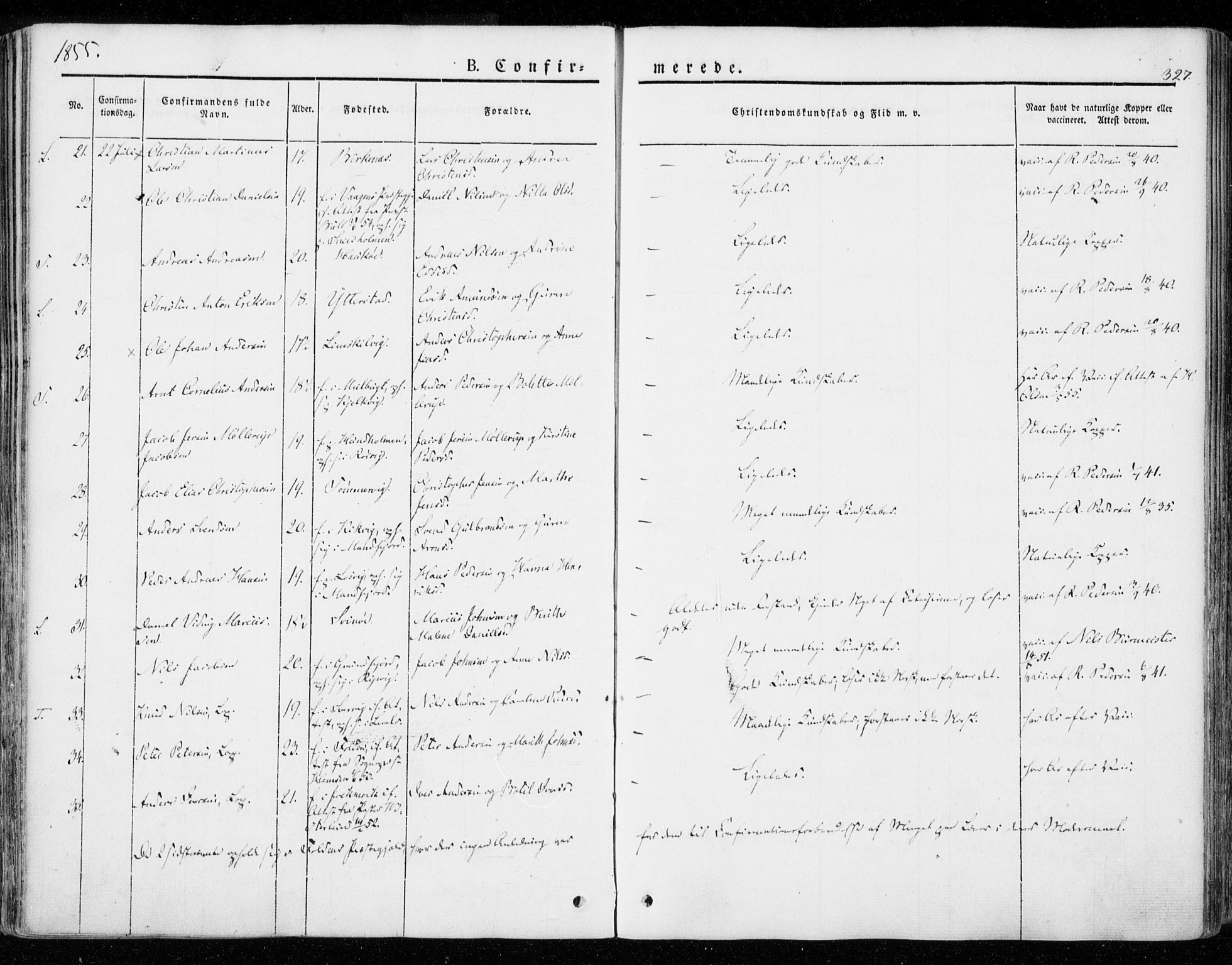 Ministerialprotokoller, klokkerbøker og fødselsregistre - Nordland, AV/SAT-A-1459/872/L1033: Parish register (official) no. 872A08, 1840-1863, p. 327