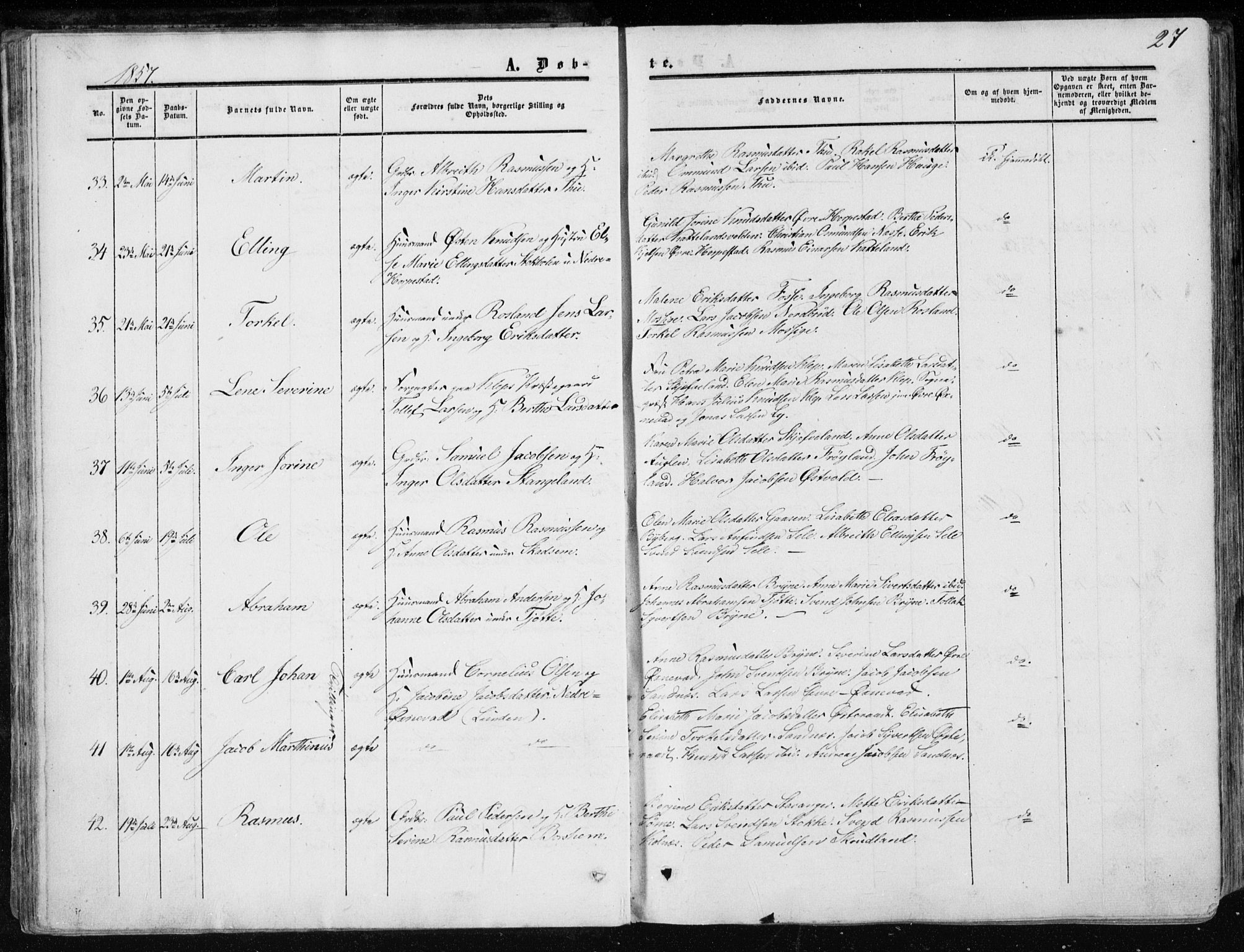 Klepp sokneprestkontor, AV/SAST-A-101803/001/3/30BA/L0005: Parish register (official) no. A 5, 1853-1870, p. 27