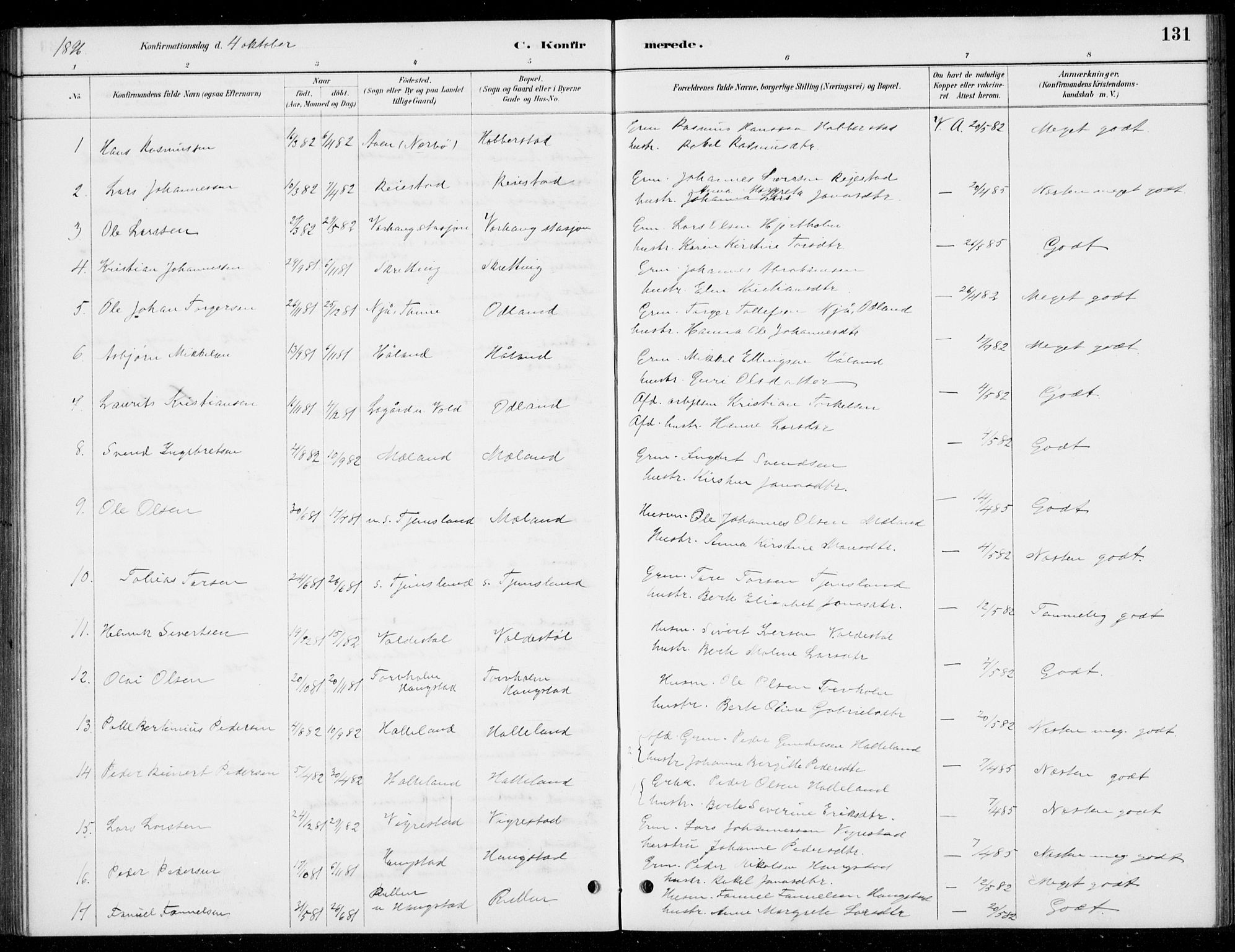 Hå sokneprestkontor, AV/SAST-A-101801/001/30BB/L0004: Parish register (copy) no. B 4, 1883-1899, p. 131