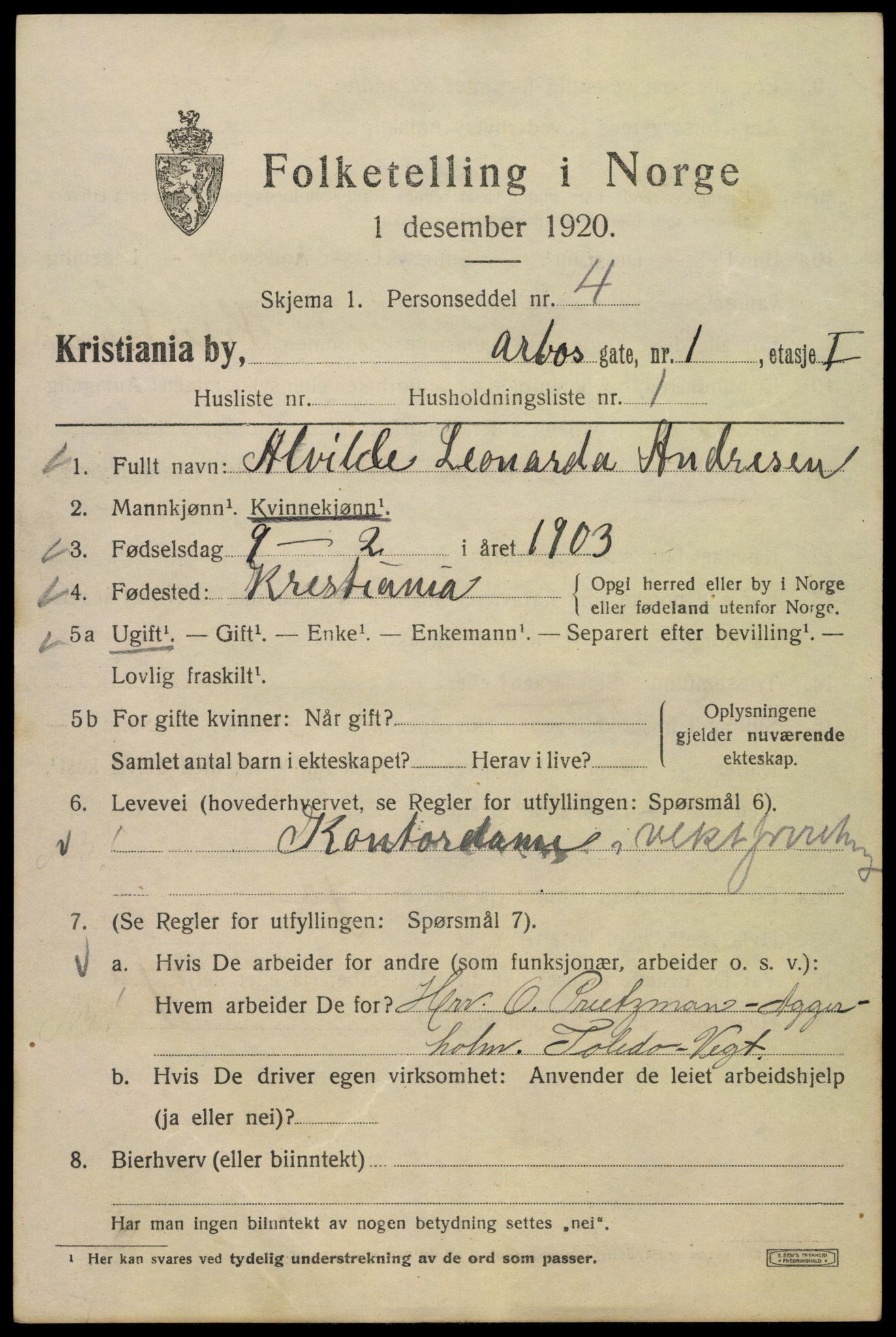 SAO, 1920 census for Kristiania, 1920, p. 142685