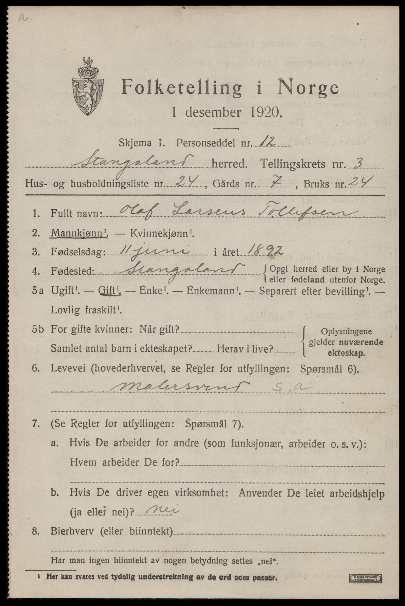 SAST, 1920 census for Stangaland, 1920, p. 2509