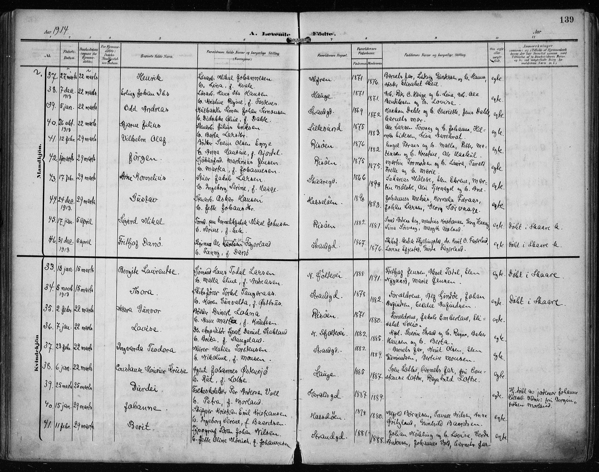 Haugesund sokneprestkontor, AV/SAST-A -101863/H/Ha/Haa/L0008: Parish register (official) no. A 8, 1908-1921, p. 139