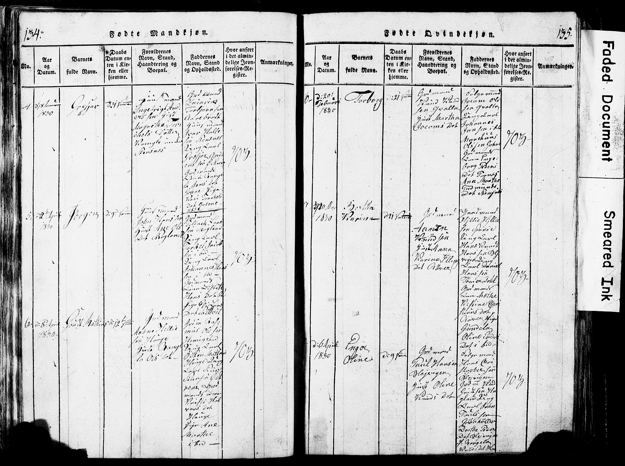 Torvastad sokneprestkontor, AV/SAST-A -101857/H/Ha/Hab/L0002: Parish register (copy) no. B 2, 1817-1834, p. 134-135