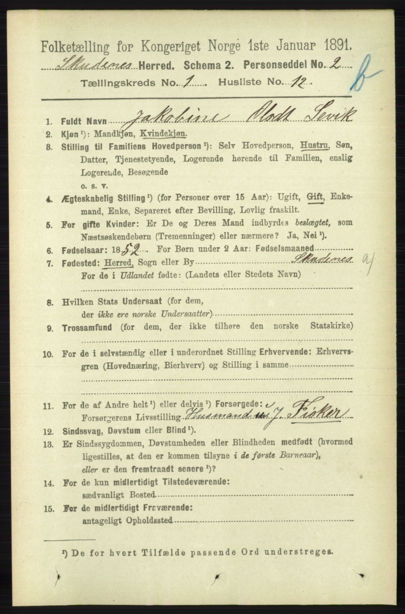 RA, 1891 census for 1150 Skudenes, 1891, p. 3466