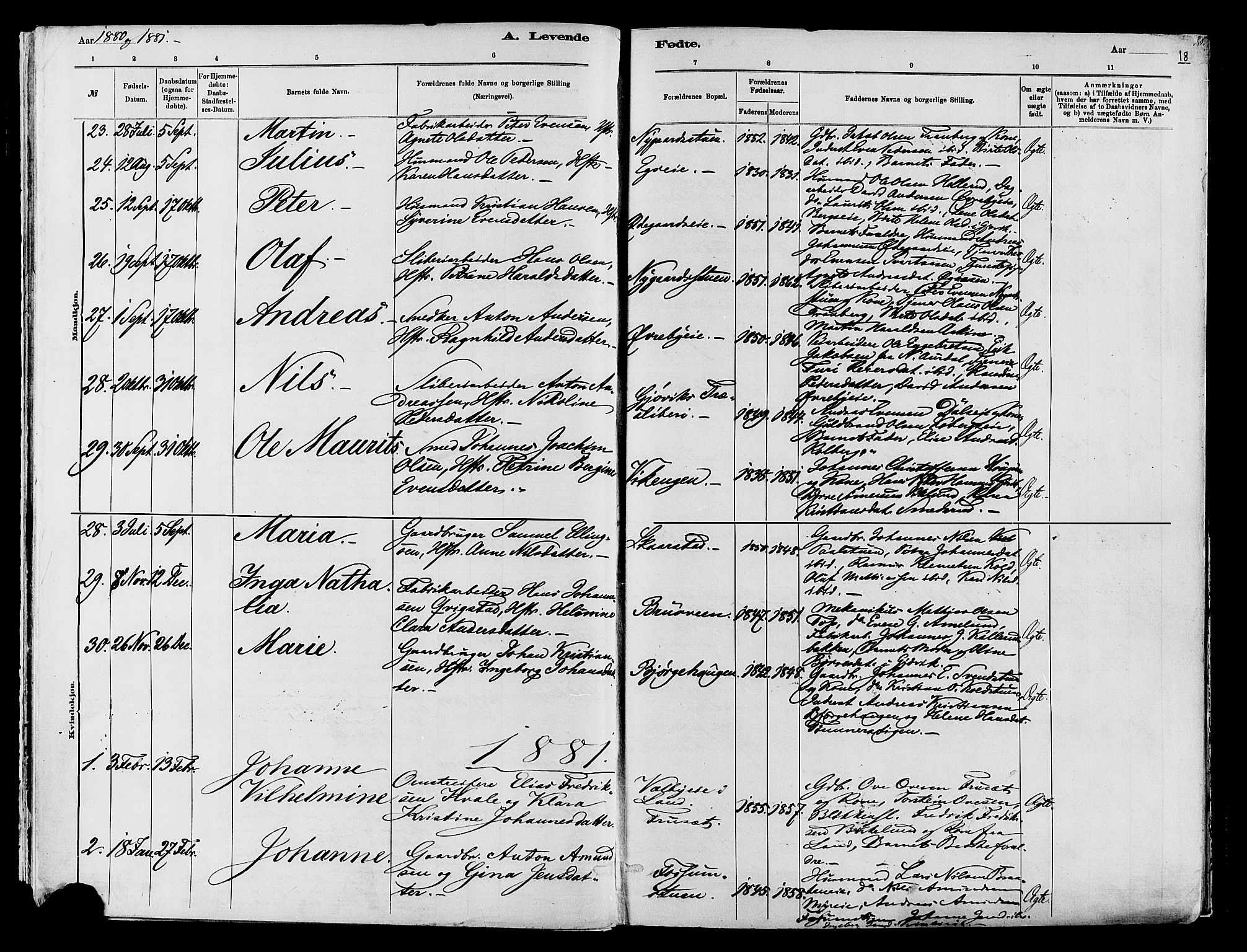 Vardal prestekontor, SAH/PREST-100/H/Ha/Haa/L0009: Parish register (official) no. 9, 1878-1892, p. 18