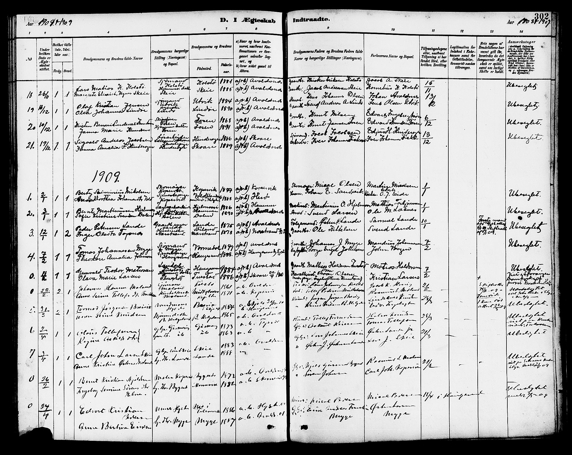 Avaldsnes sokneprestkontor, SAST/A -101851/H/Ha/Hab/L0007: Parish register (copy) no. B 7, 1885-1909, p. 302