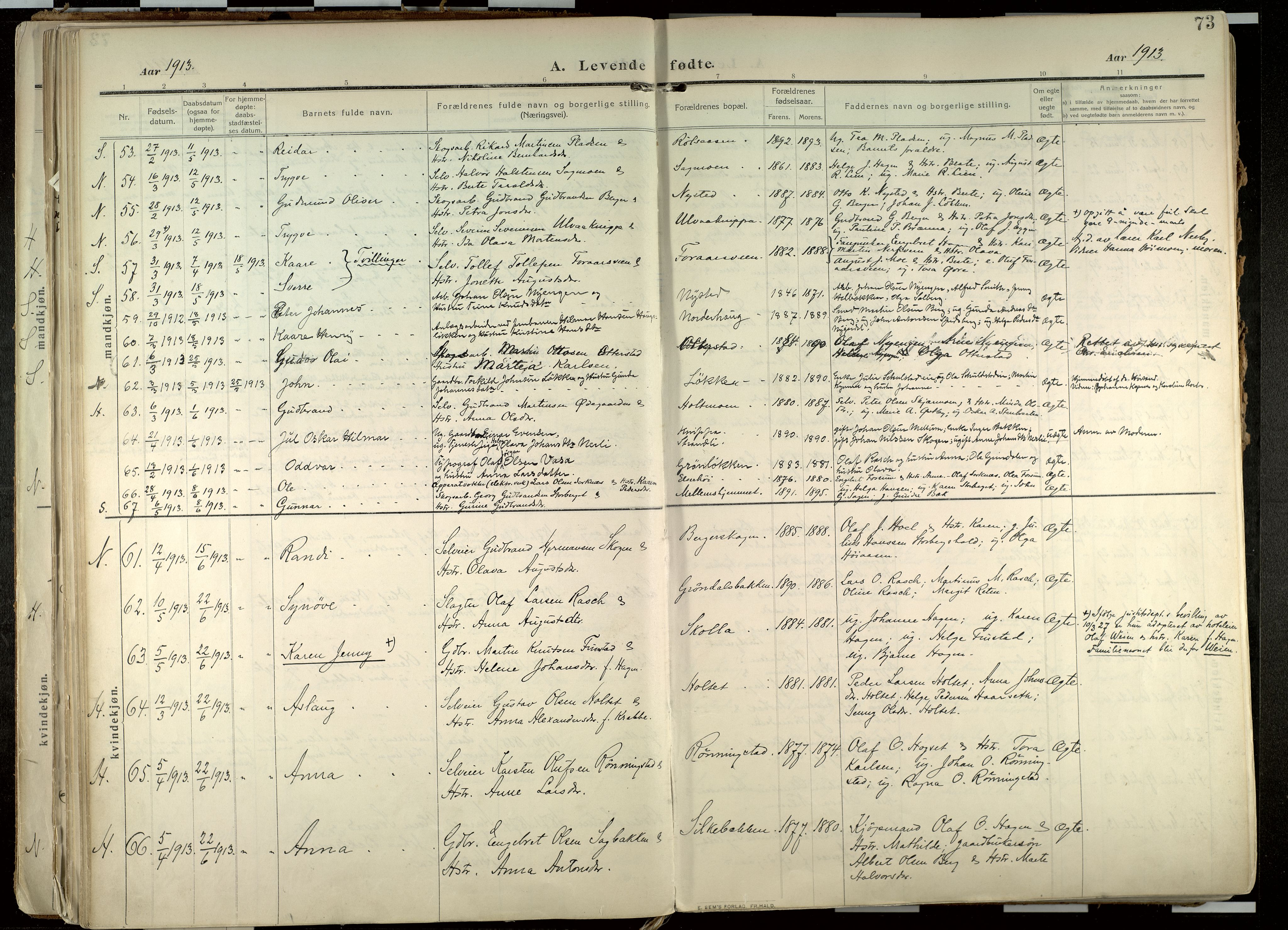 Elverum prestekontor, SAH/PREST-044/H/Ha/Haa/L0020: Parish register (official) no. 20, 1909-1921, p. 73