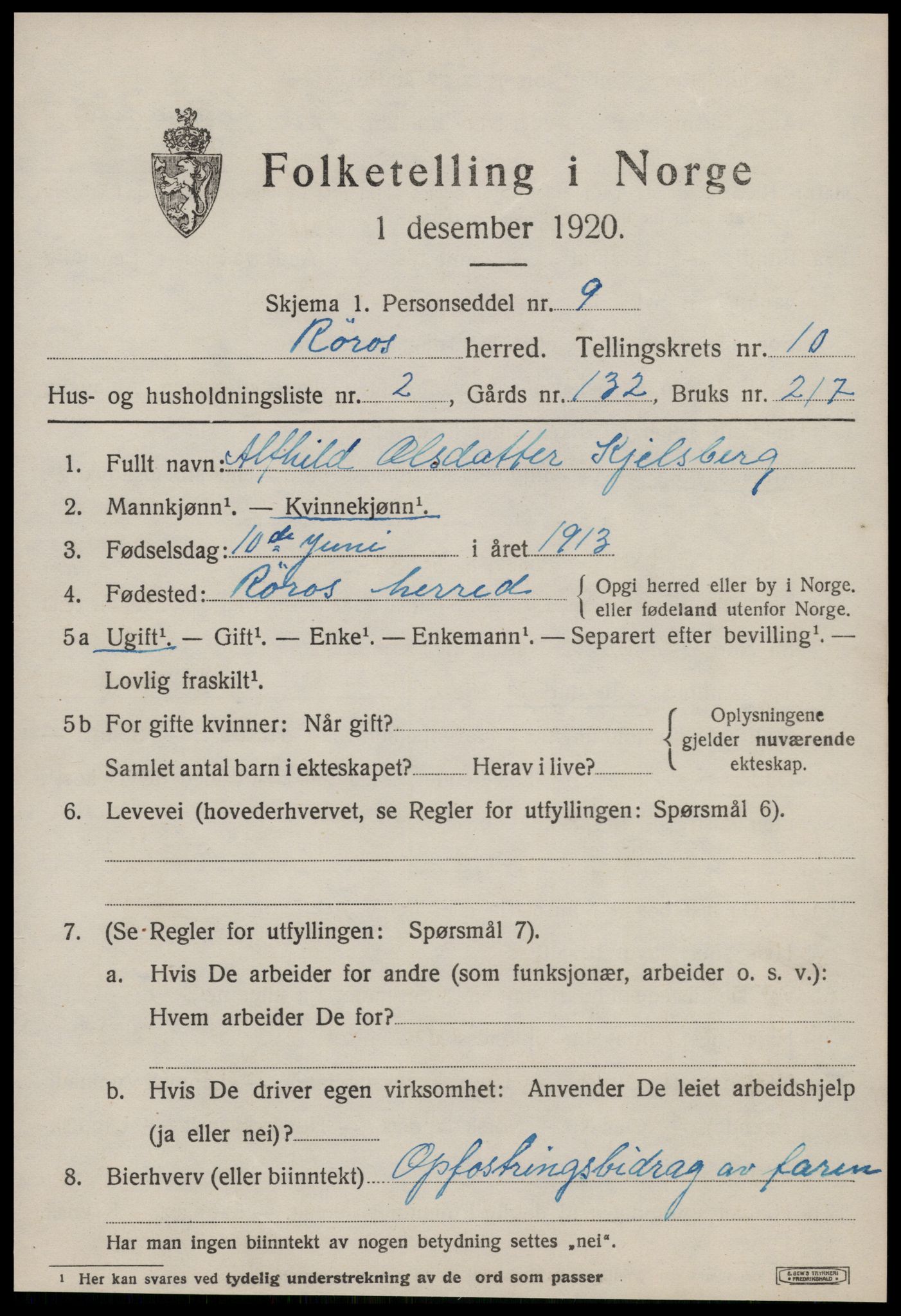 SAT, 1920 census for Røros, 1920, p. 8198