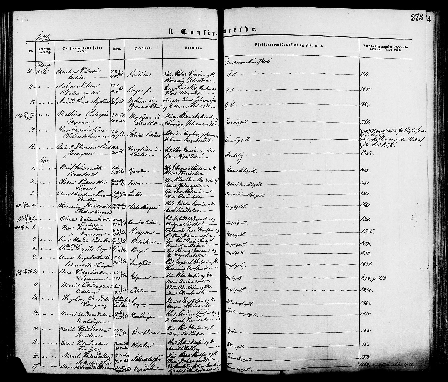Nord-Fron prestekontor, SAH/PREST-080/H/Ha/Haa/L0002: Parish register (official) no. 2, 1865-1883, p. 273