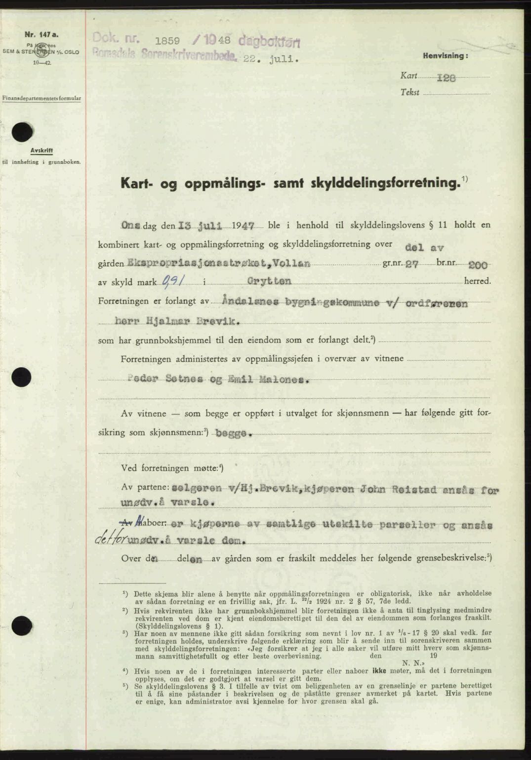 Romsdal sorenskriveri, AV/SAT-A-4149/1/2/2C: Mortgage book no. A26, 1948-1948, Diary no: : 1859/1948