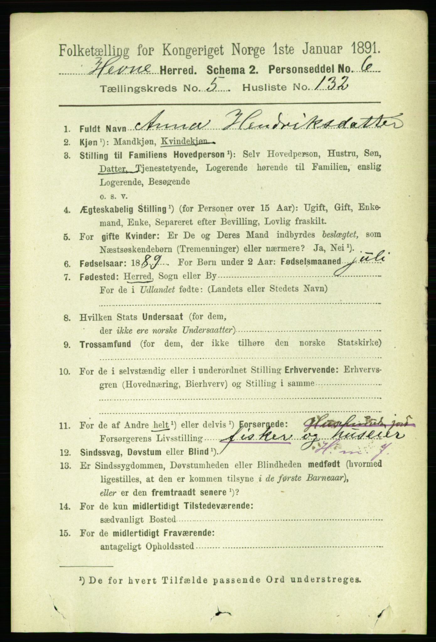 RA, 1891 census for 1612 Hemne, 1891, p. 3308