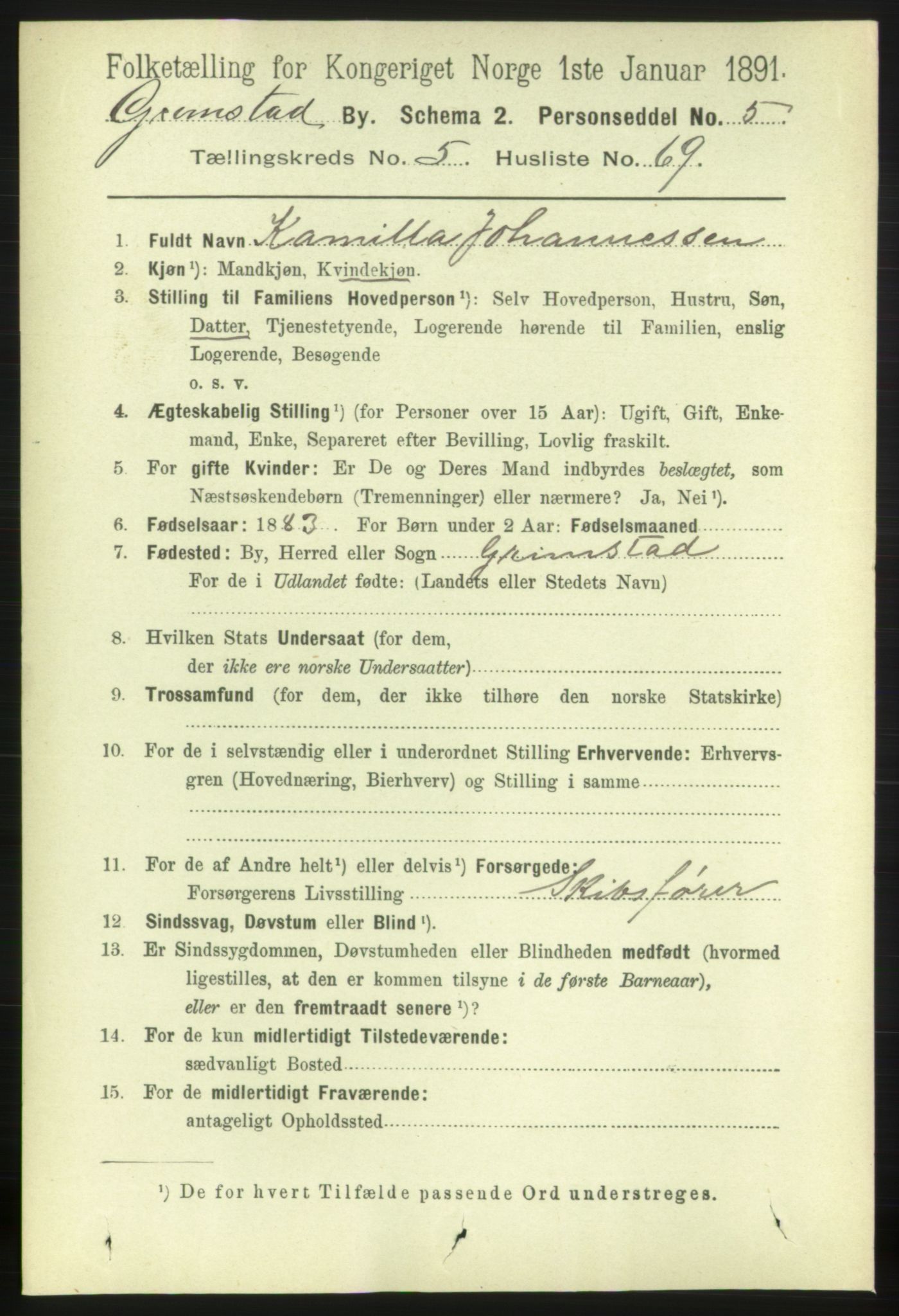 RA, 1891 census for 0904 Grimstad, 1891, p. 3601