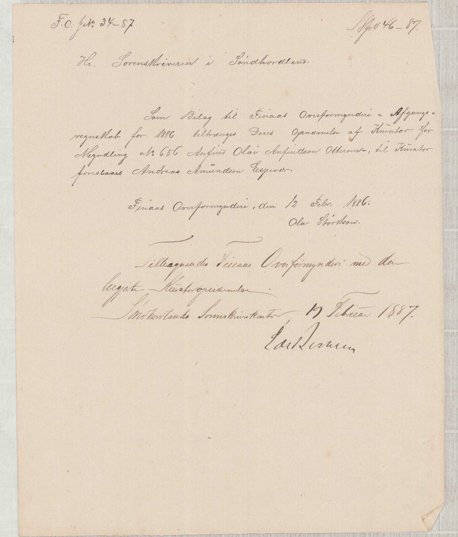 Finnaas kommune. Overformynderiet, IKAH/1218a-812/D/Da/Daa/L0001/0003: Kronologisk ordna korrespondanse / Kronologisk ordna korrespondanse, 1883-1887, p. 175