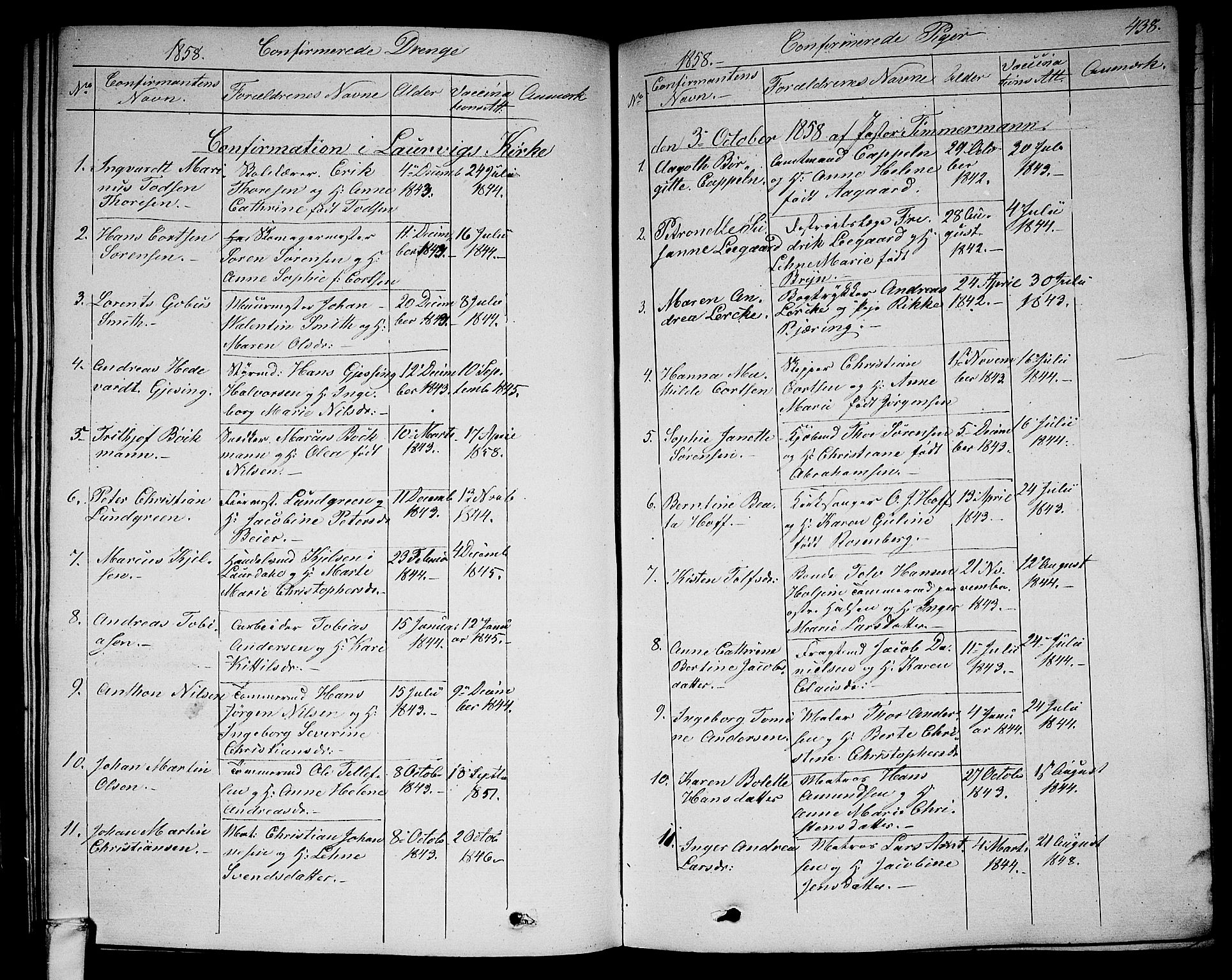 Larvik kirkebøker, SAKO/A-352/G/Ga/L0003b: Parish register (copy) no. I 3B, 1830-1870, p. 438