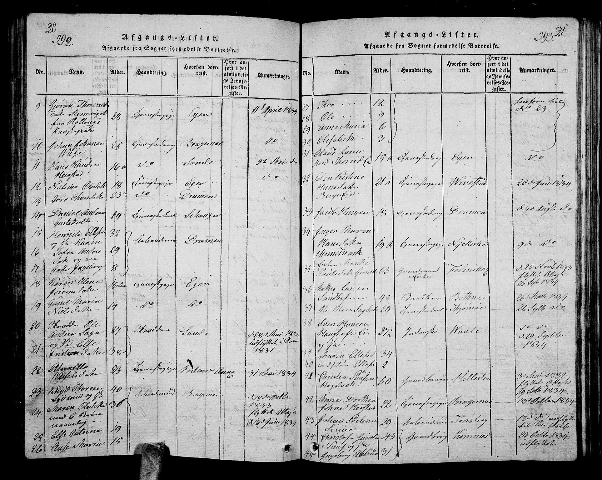 Hof kirkebøker, AV/SAKO-A-64/G/Ga/L0001: Parish register (copy) no. I 1, 1814-1844, p. 592-593