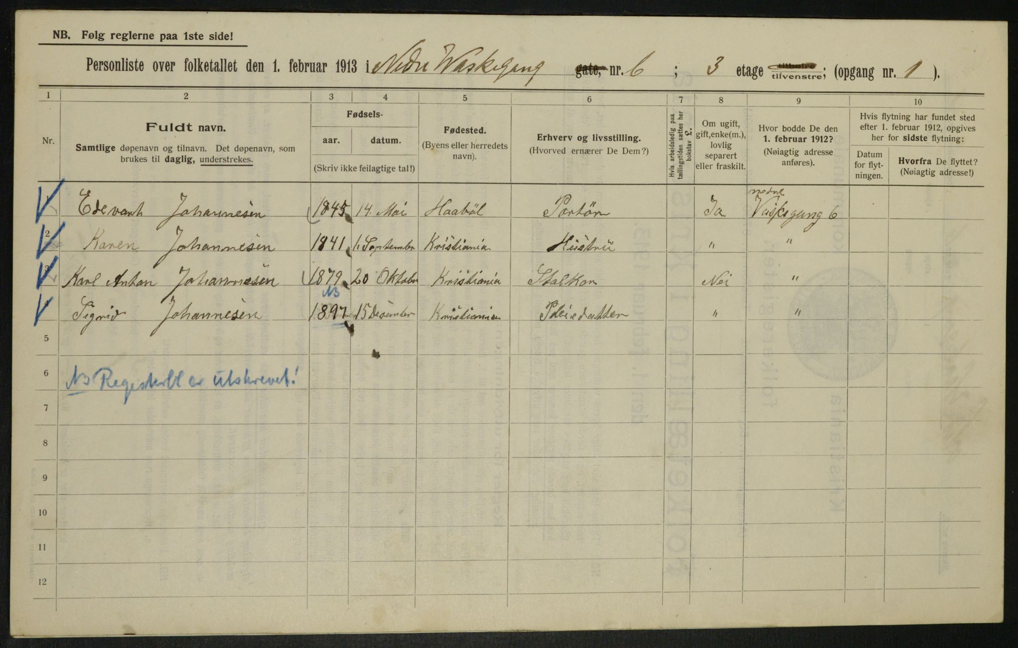 OBA, Municipal Census 1913 for Kristiania, 1913, p. 69511