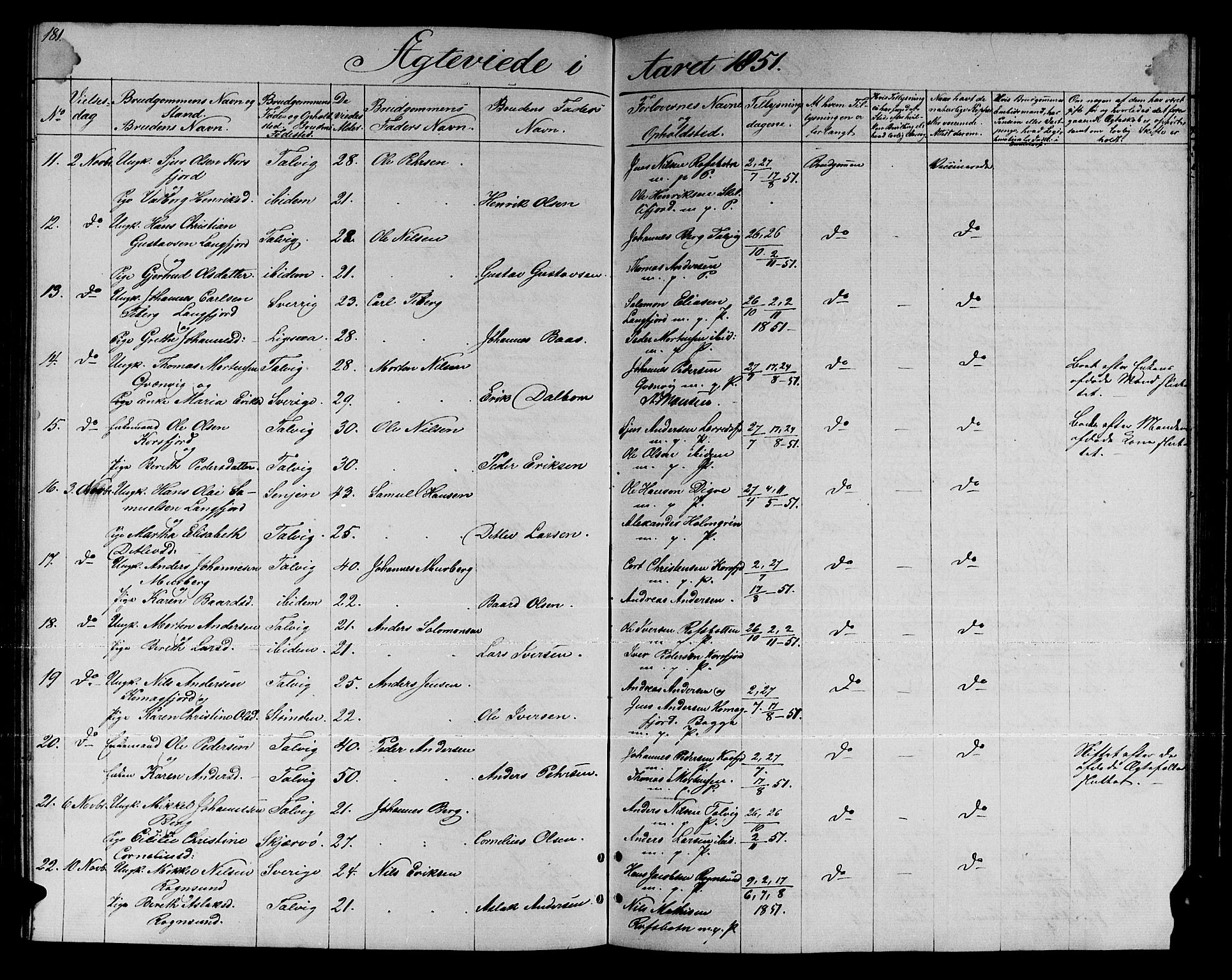 Talvik sokneprestkontor, SATØ/S-1337/H/Hb/L0001klokker: Parish register (copy) no. 1, 1847-1863, p. 181