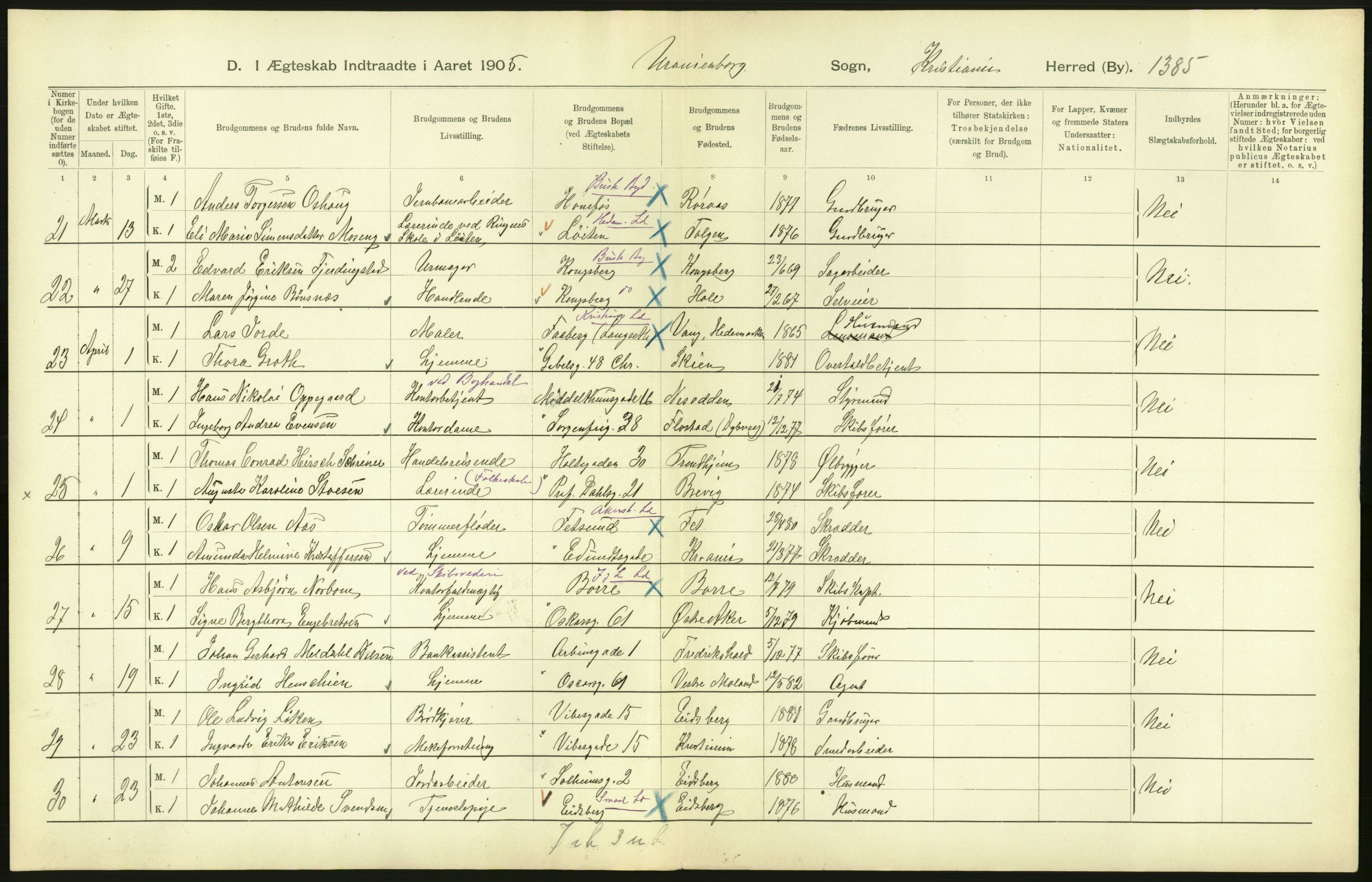 Statistisk sentralbyrå, Sosiodemografiske emner, Befolkning, AV/RA-S-2228/D/Df/Dfa/Dfac/L0007b: Kristiania: Gifte, 1905, p. 186