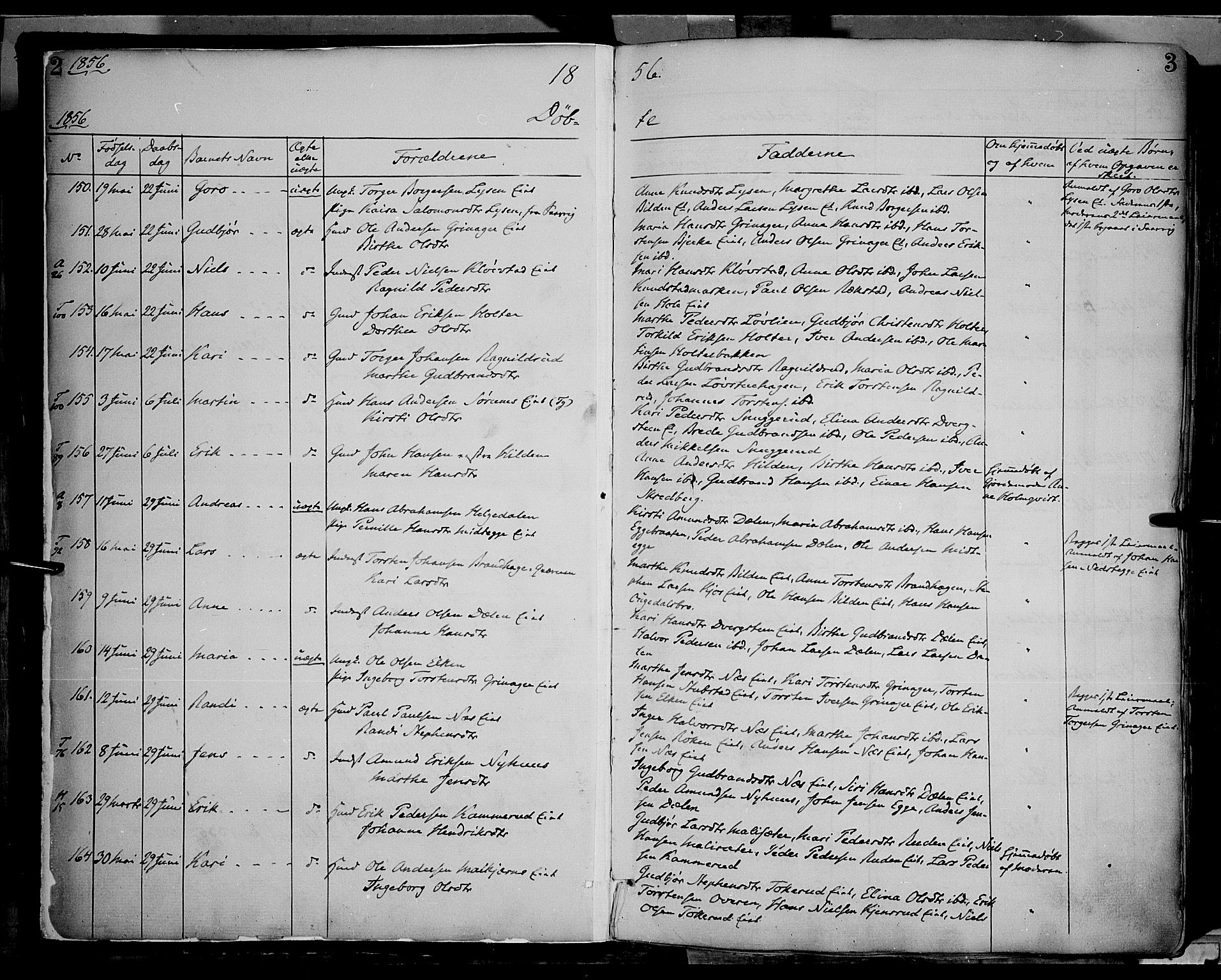 Gran prestekontor, SAH/PREST-112/H/Ha/Haa/L0012: Parish register (official) no. 12, 1856-1874, p. 2-3