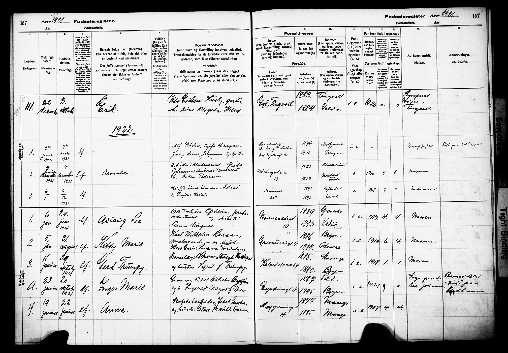 Domkirken sokneprestembete, AV/SAB-A-74801/I/Id/L00A1: Birth register no. A 1, 1916-1923, p. 157