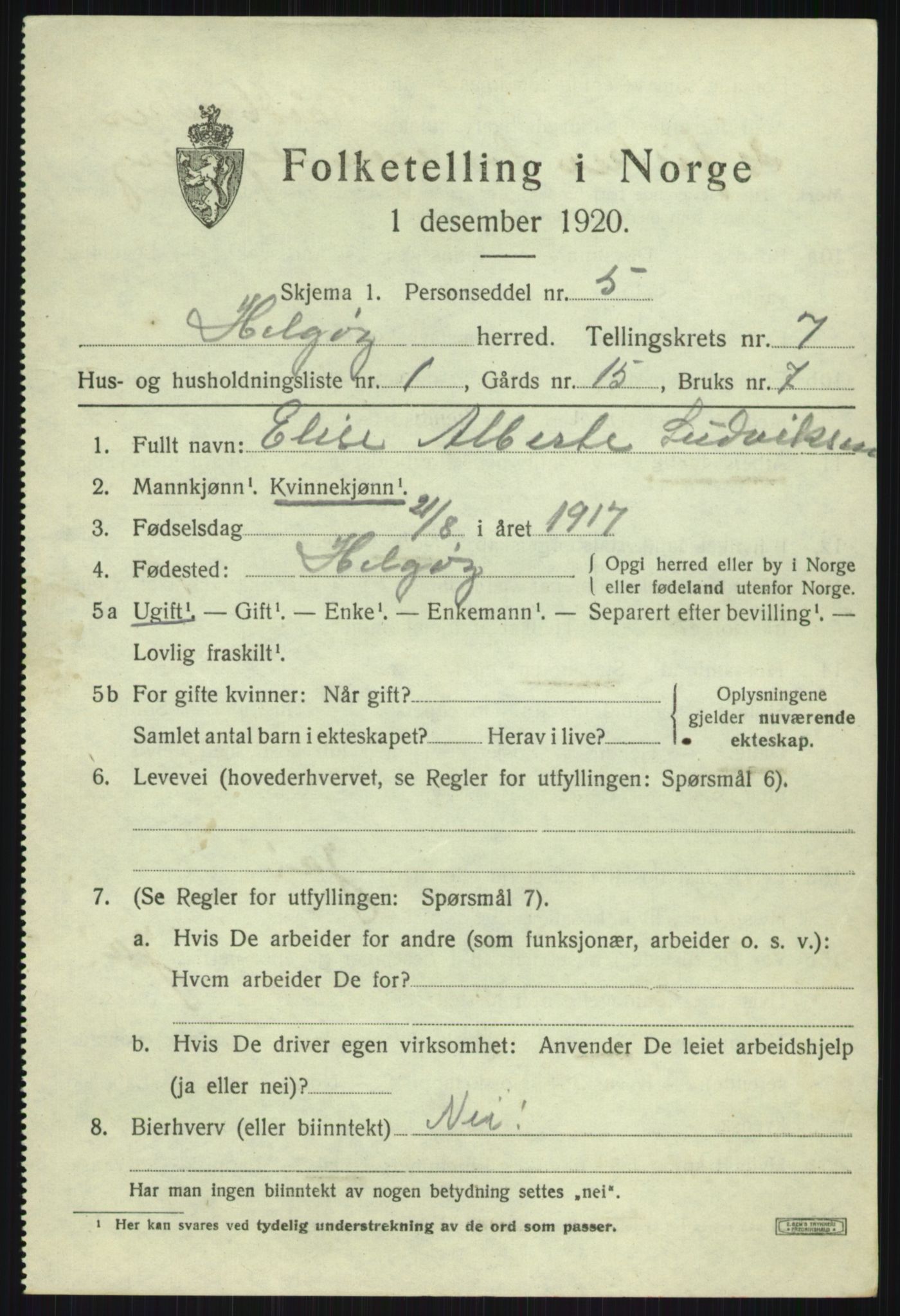 SATØ, 1920 census for Helgøy, 1920, p. 2543