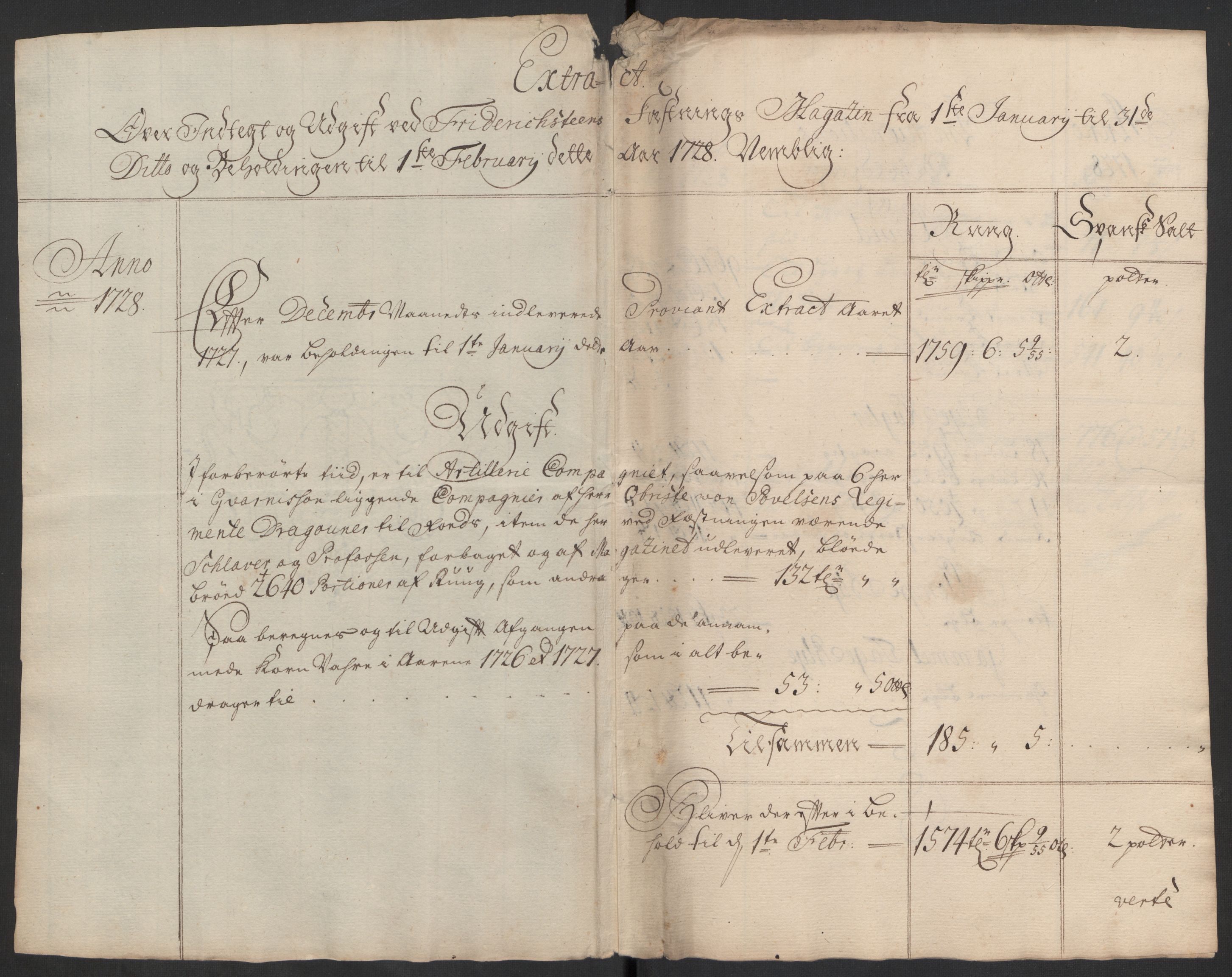 Kommanderende general (KG I) med Det norske krigsdirektorium, AV/RA-EA-5419/D/L0153: Fredriksten festning: Brev, inventarfortegnelser og regnskapsekstrakter, 1724-1729, p. 554