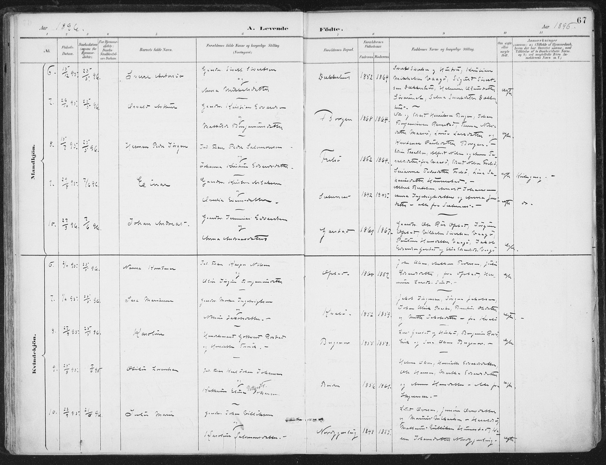 Ministerialprotokoller, klokkerbøker og fødselsregistre - Nord-Trøndelag, SAT/A-1458/786/L0687: Parish register (official) no. 786A03, 1888-1898, p. 67