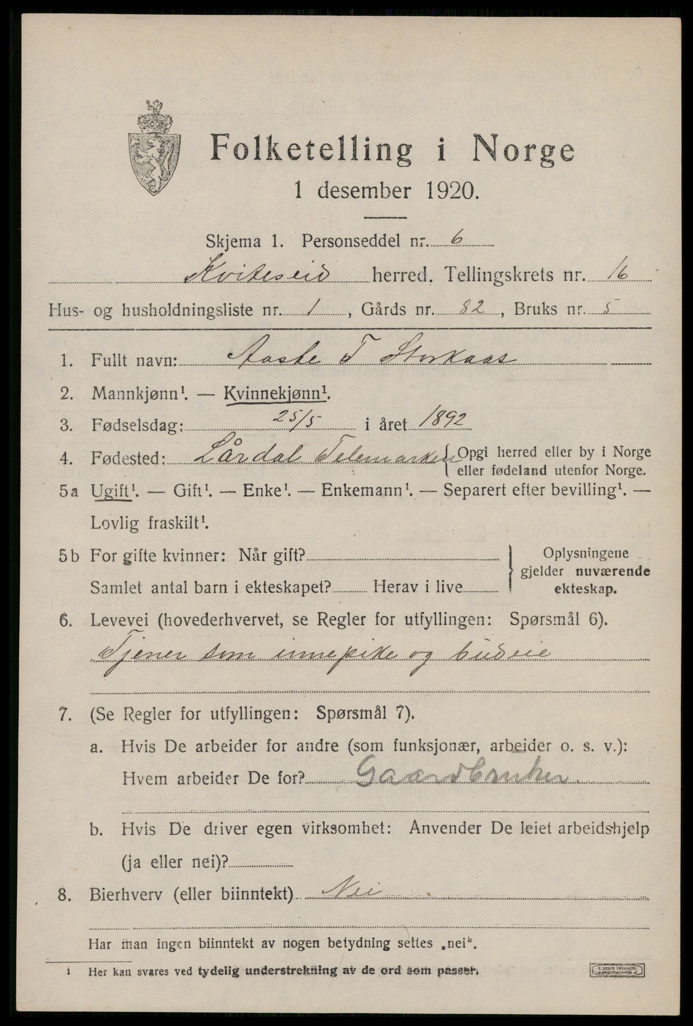 SAKO, 1920 census for Kviteseid, 1920, p. 7351