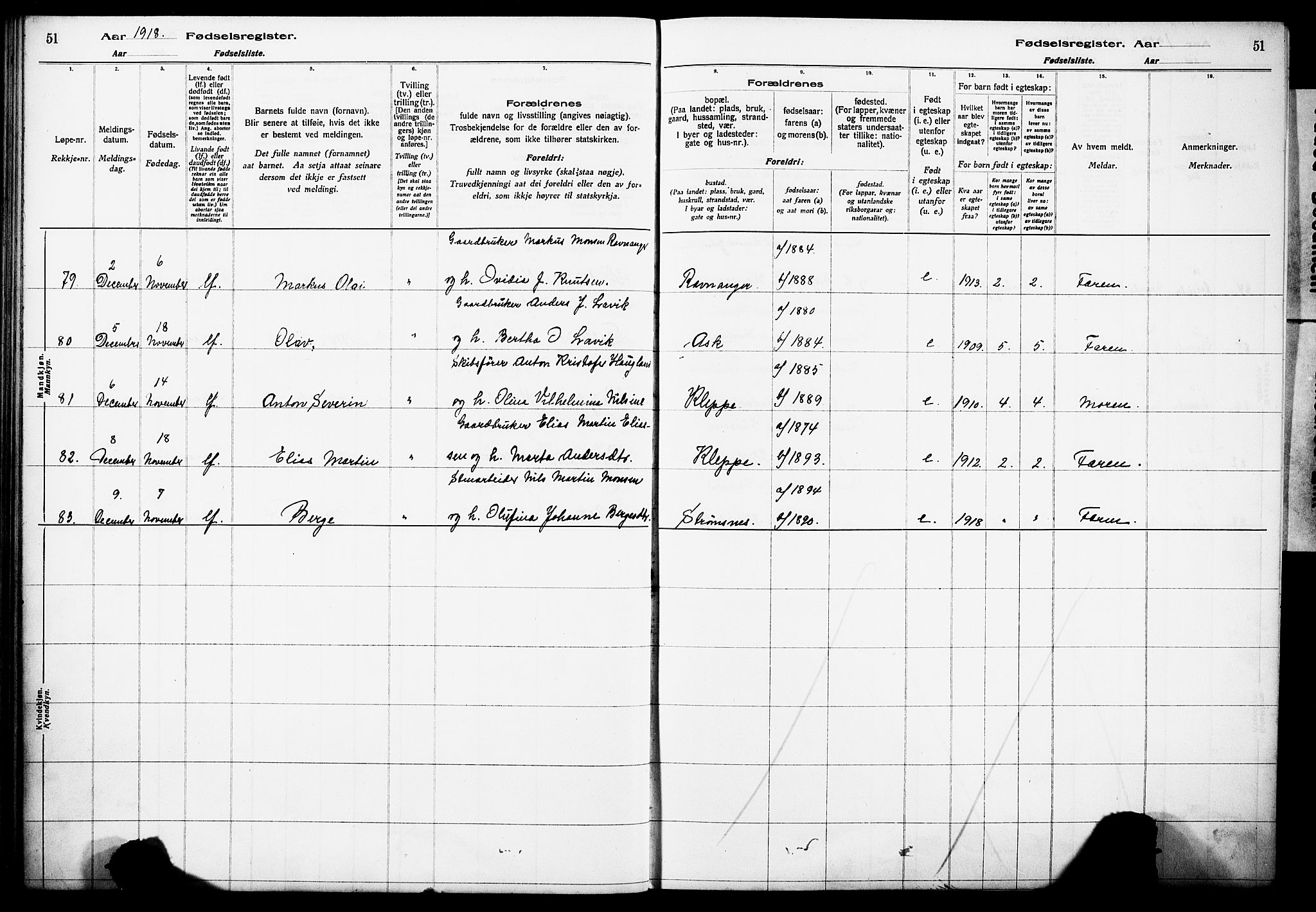 Askøy Sokneprestembete, AV/SAB-A-74101/I/Id/L00A1: Birth register no. A 1, 1916-1928, p. 51