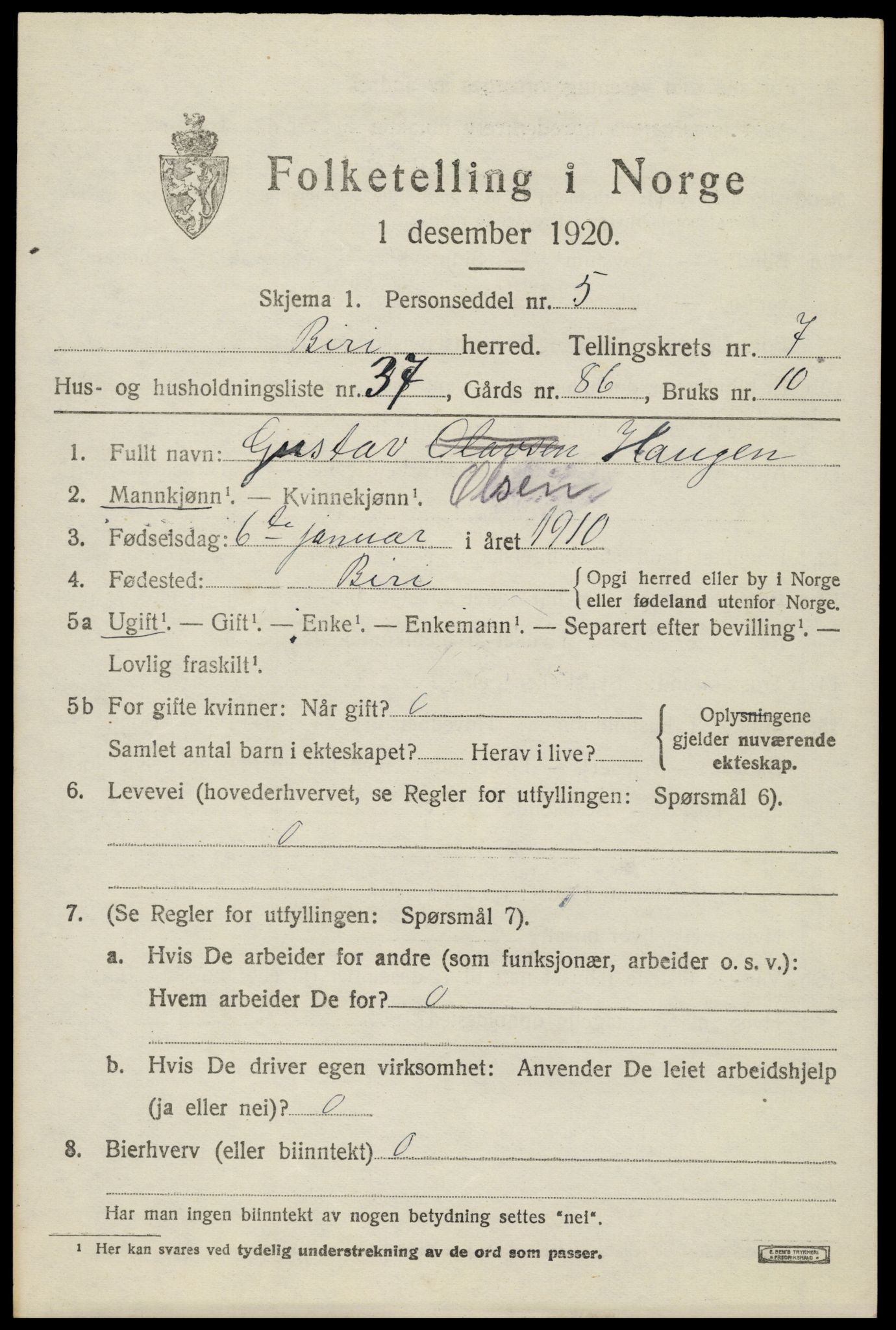 SAH, 1920 census for Biri, 1920, p. 6363