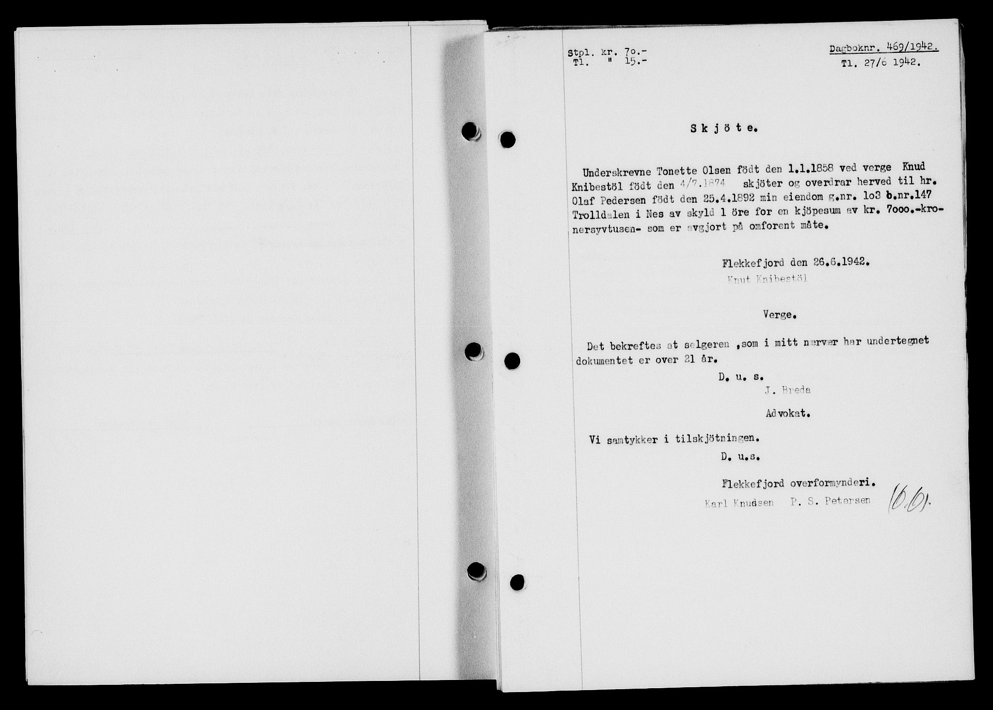 Flekkefjord sorenskriveri, AV/SAK-1221-0001/G/Gb/Gba/L0057: Mortgage book no. A-5, 1941-1942, Diary no: : 469/1942