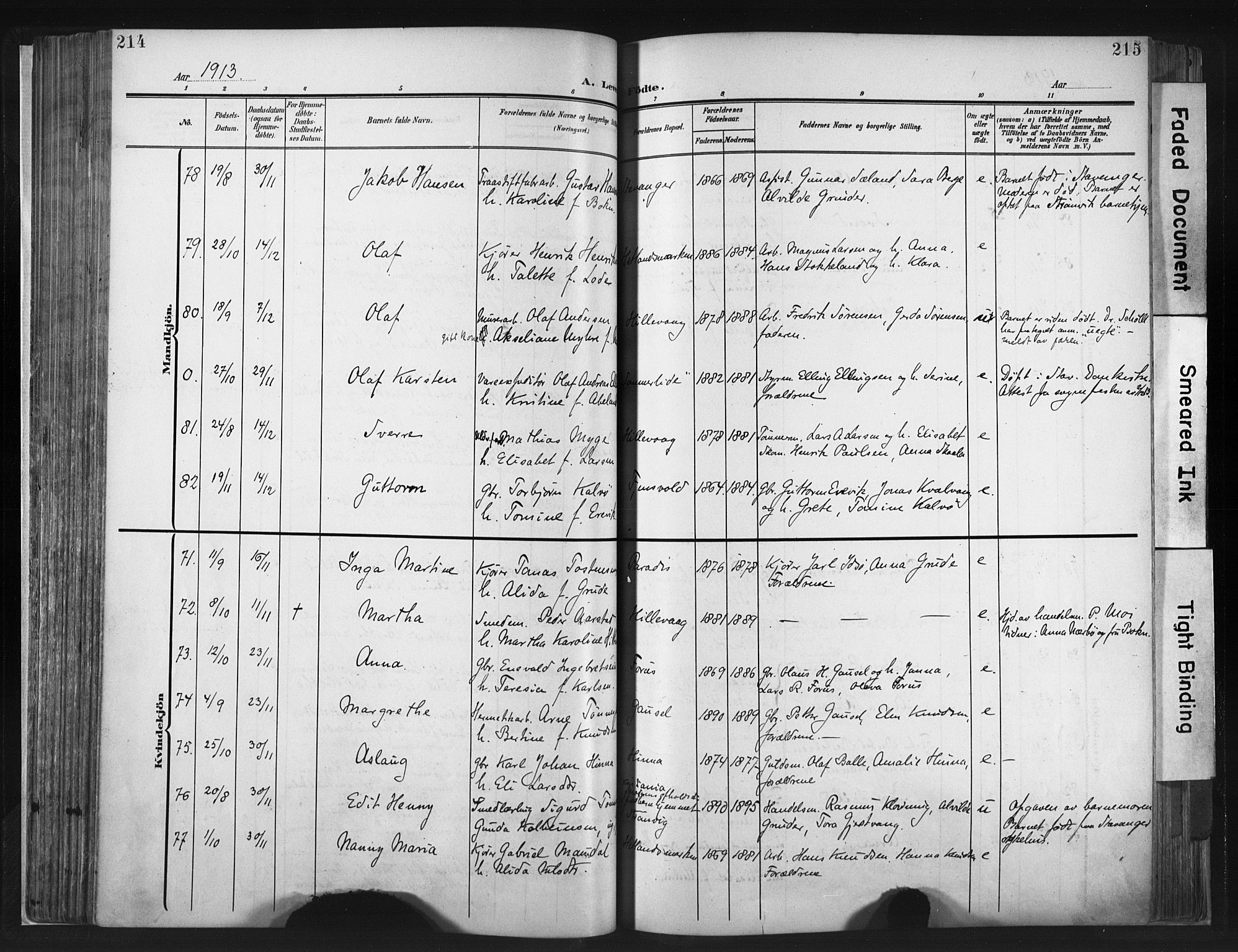 Hetland sokneprestkontor, AV/SAST-A-101826/30/30BA/L0013: Parish register (official) no. A 13, 1904-1918, p. 214-215