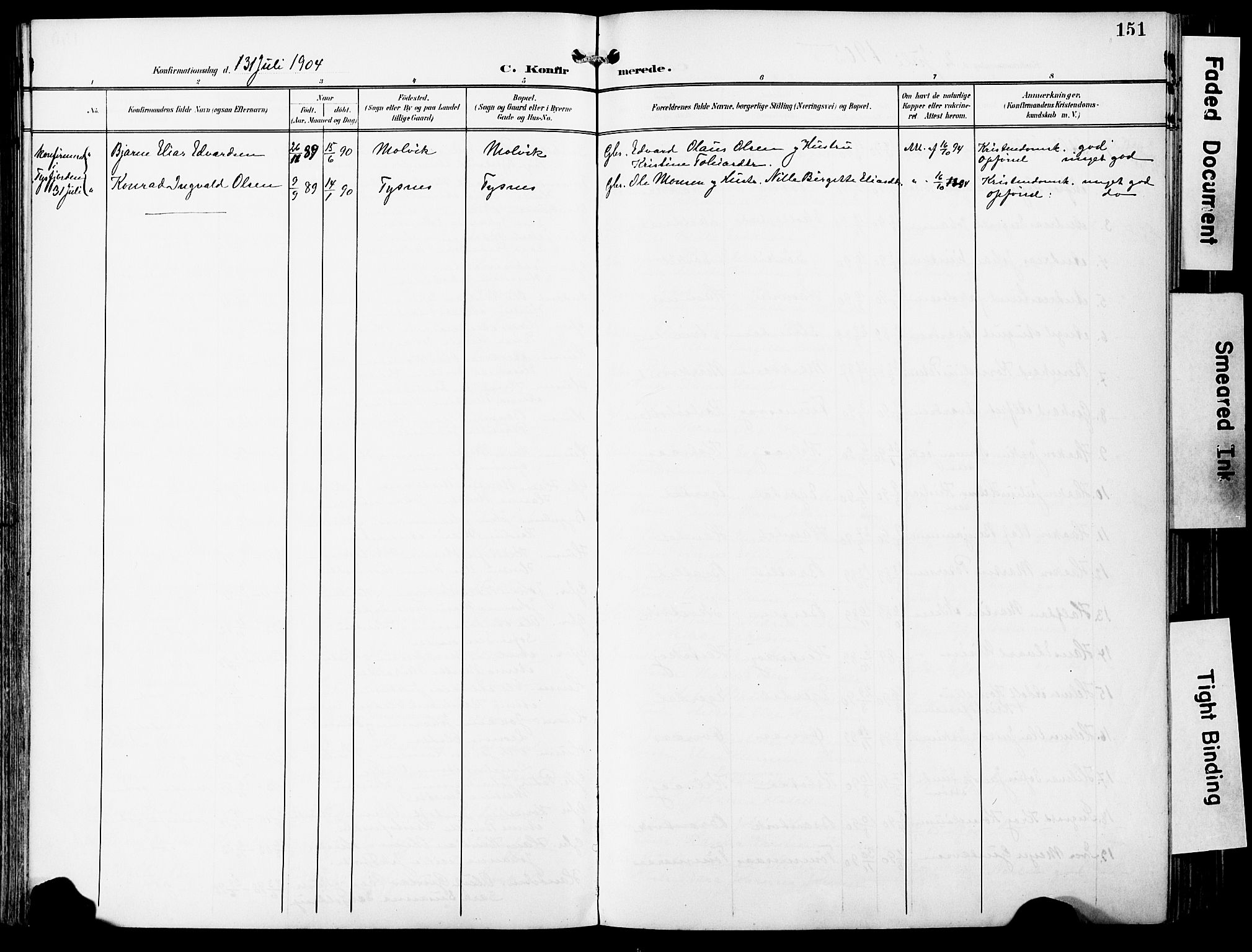 Ministerialprotokoller, klokkerbøker og fødselsregistre - Nordland, AV/SAT-A-1459/859/L0848: Parish register (official) no. 859A08, 1900-1912, p. 151