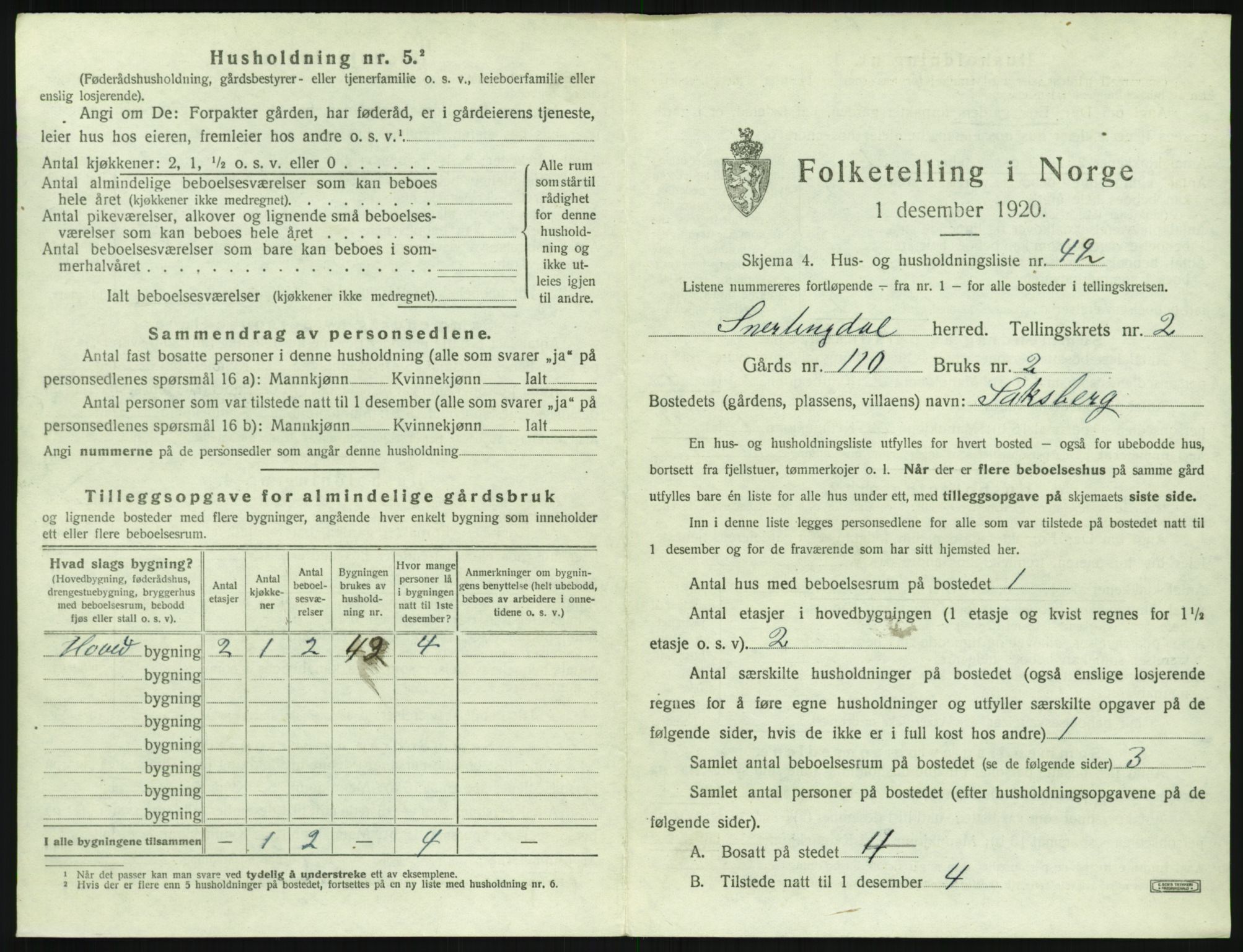 SAH, 1920 census for Snertingdal, 1920, p. 207