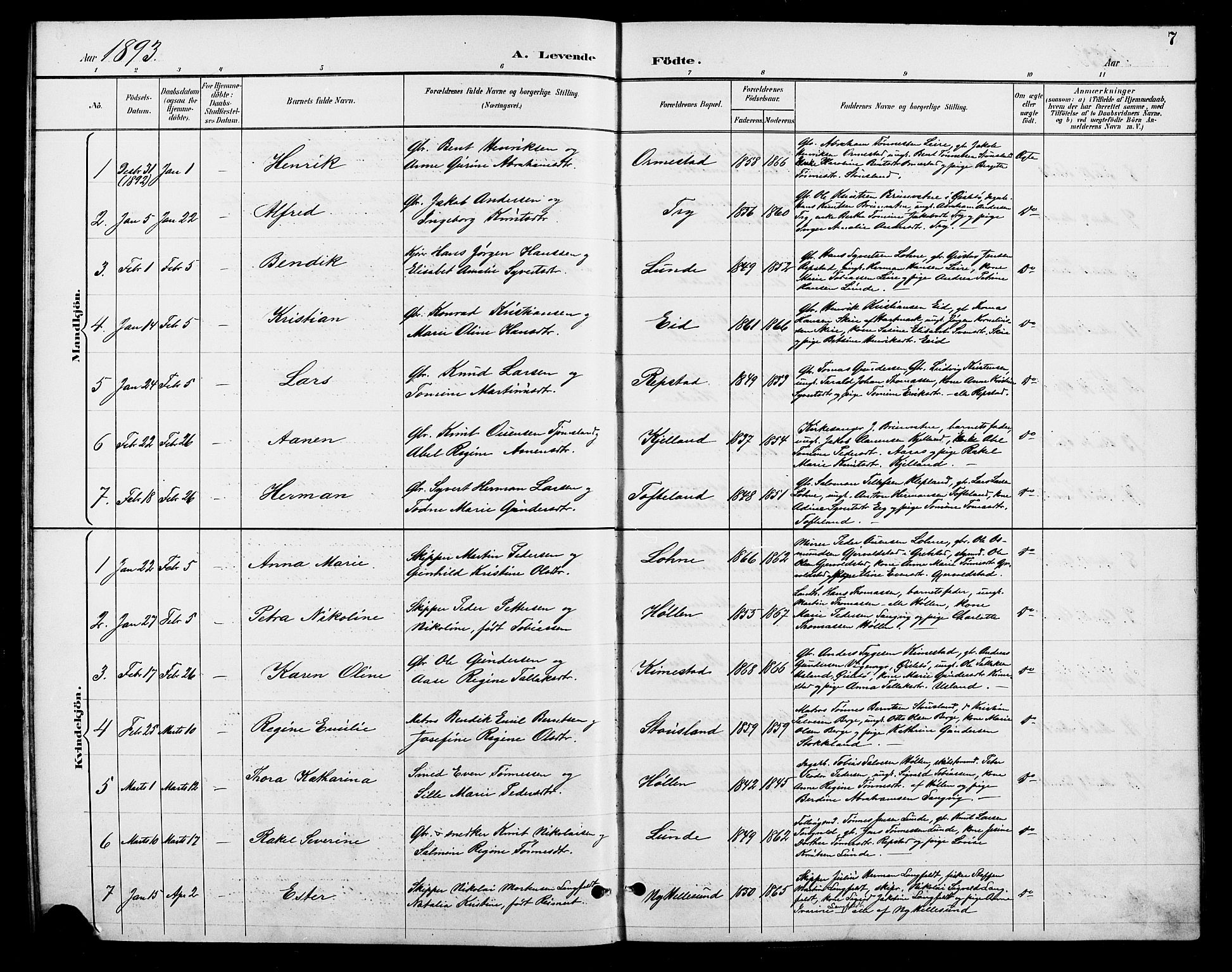 Søgne sokneprestkontor, SAK/1111-0037/F/Fb/Fbb/L0006: Parish register (copy) no. B 6, 1892-1911, p. 7