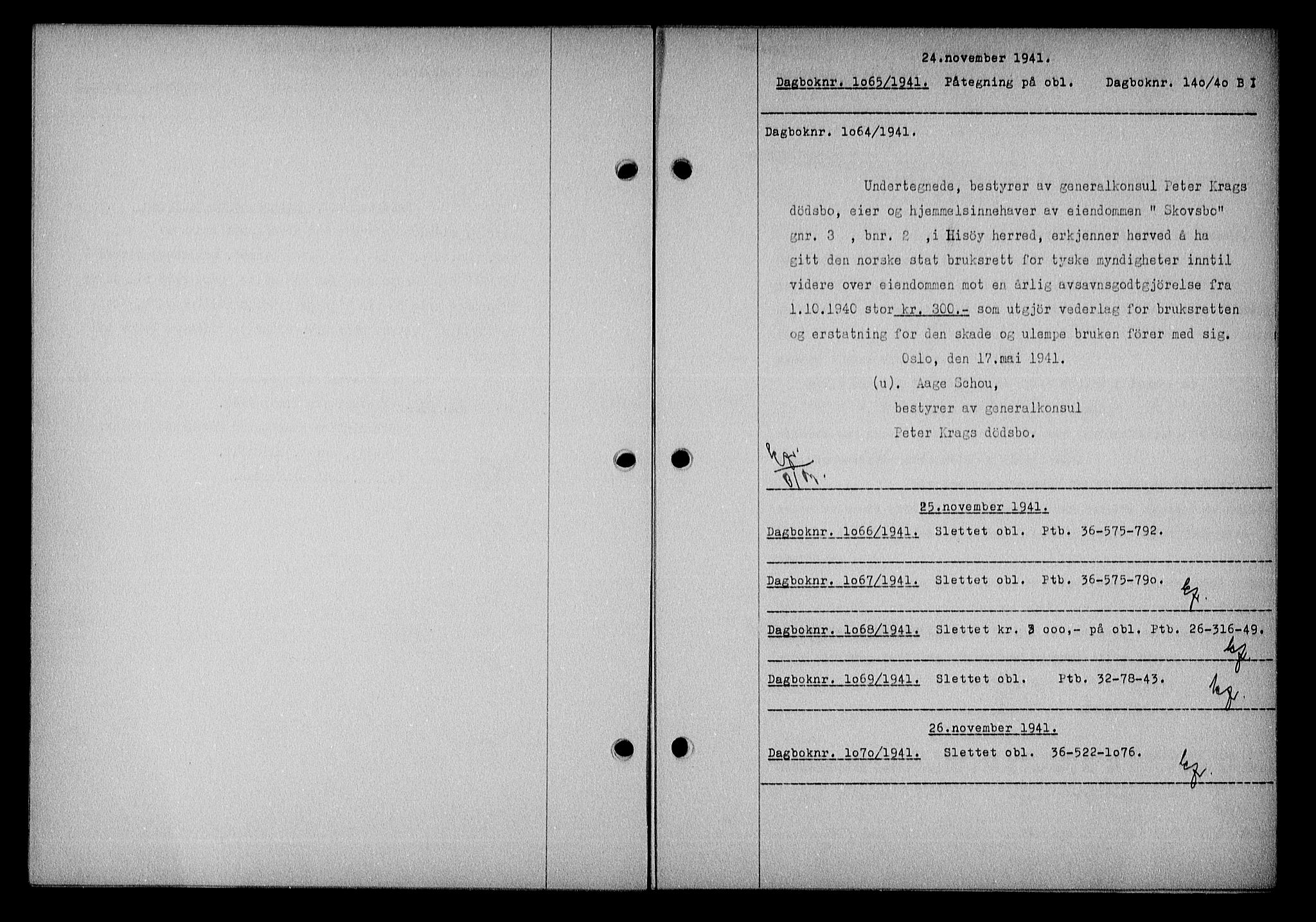 Nedenes sorenskriveri, SAK/1221-0006/G/Gb/Gba/L0049: Mortgage book no. A-III, 1941-1942, Diary no: : 1065/1941