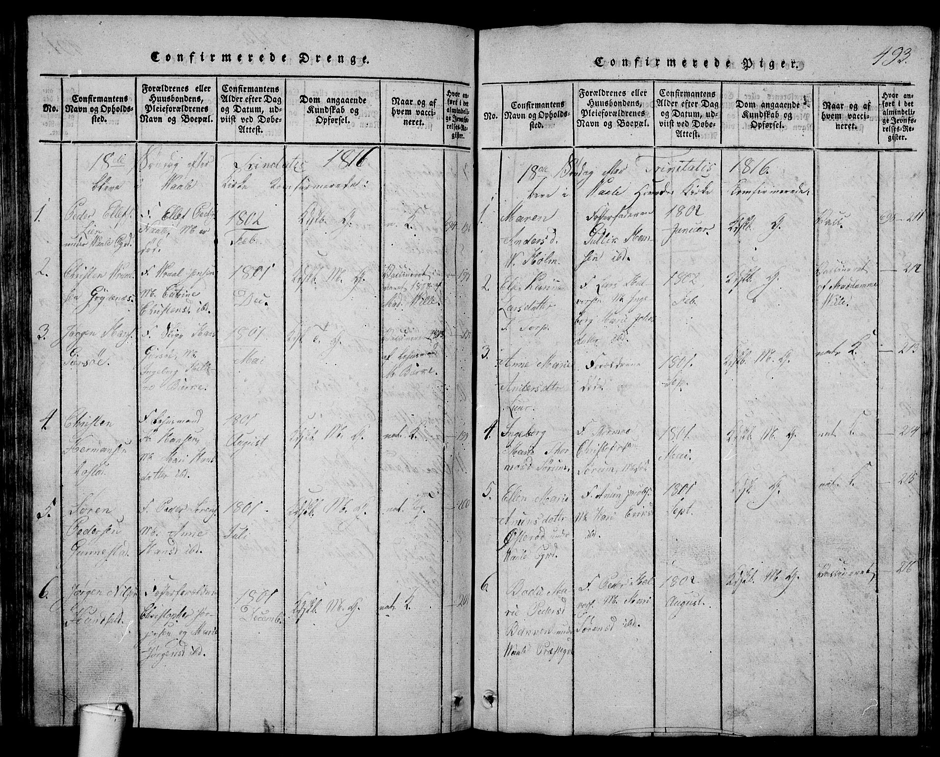 Våle kirkebøker, SAKO/A-334/G/Ga/L0001: Parish register (copy) no. I 1, 1814-1824, p. 492-493