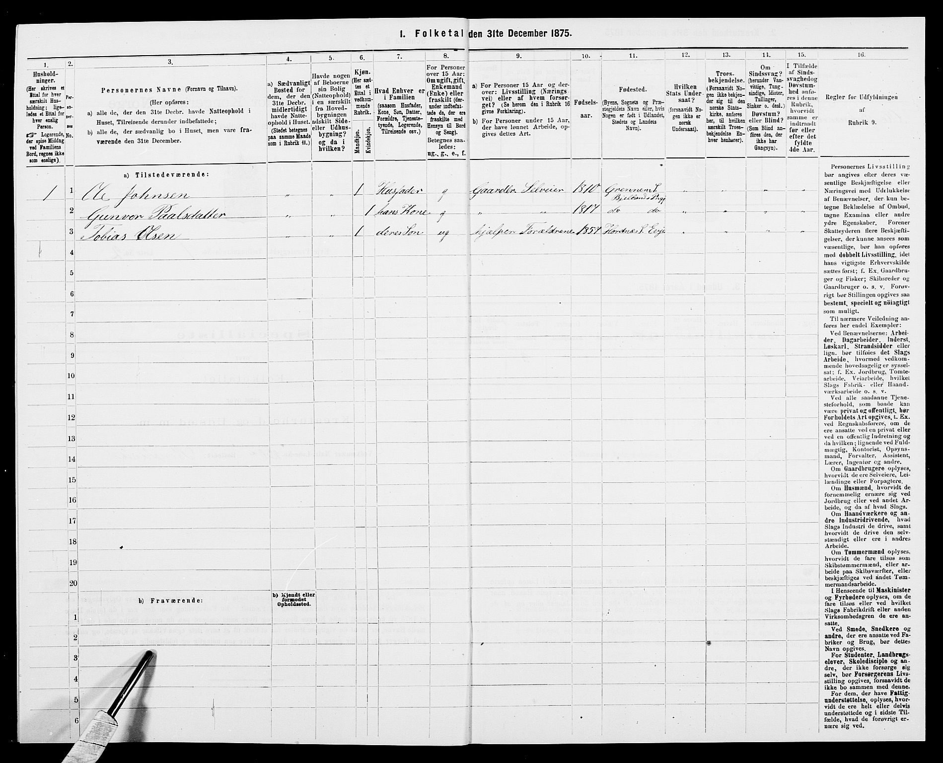 SAK, 1875 census for 0934P Evje, 1875, p. 589