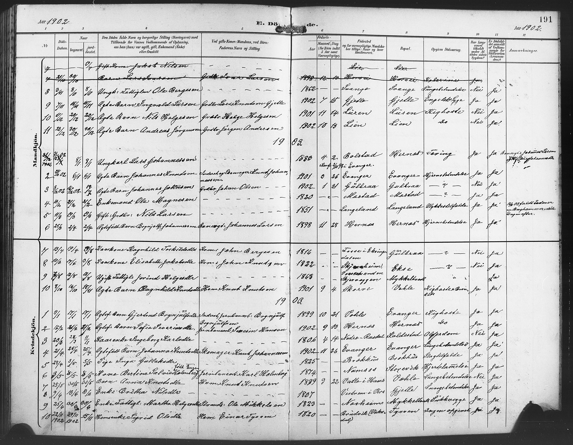 Evanger sokneprestembete, SAB/A-99924: Parish register (copy) no. A 5, 1897-1917, p. 191