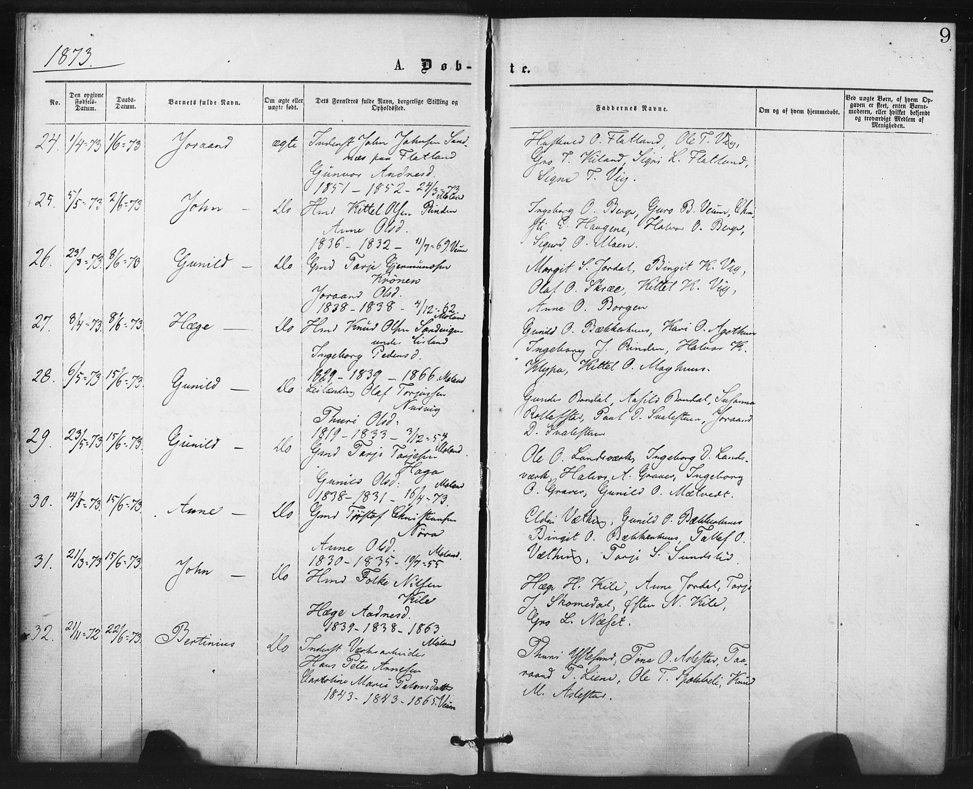 Fyresdal kirkebøker, AV/SAKO-A-263/F/Fa/L0006: Parish register (official) no. I 6, 1872-1886, p. 9