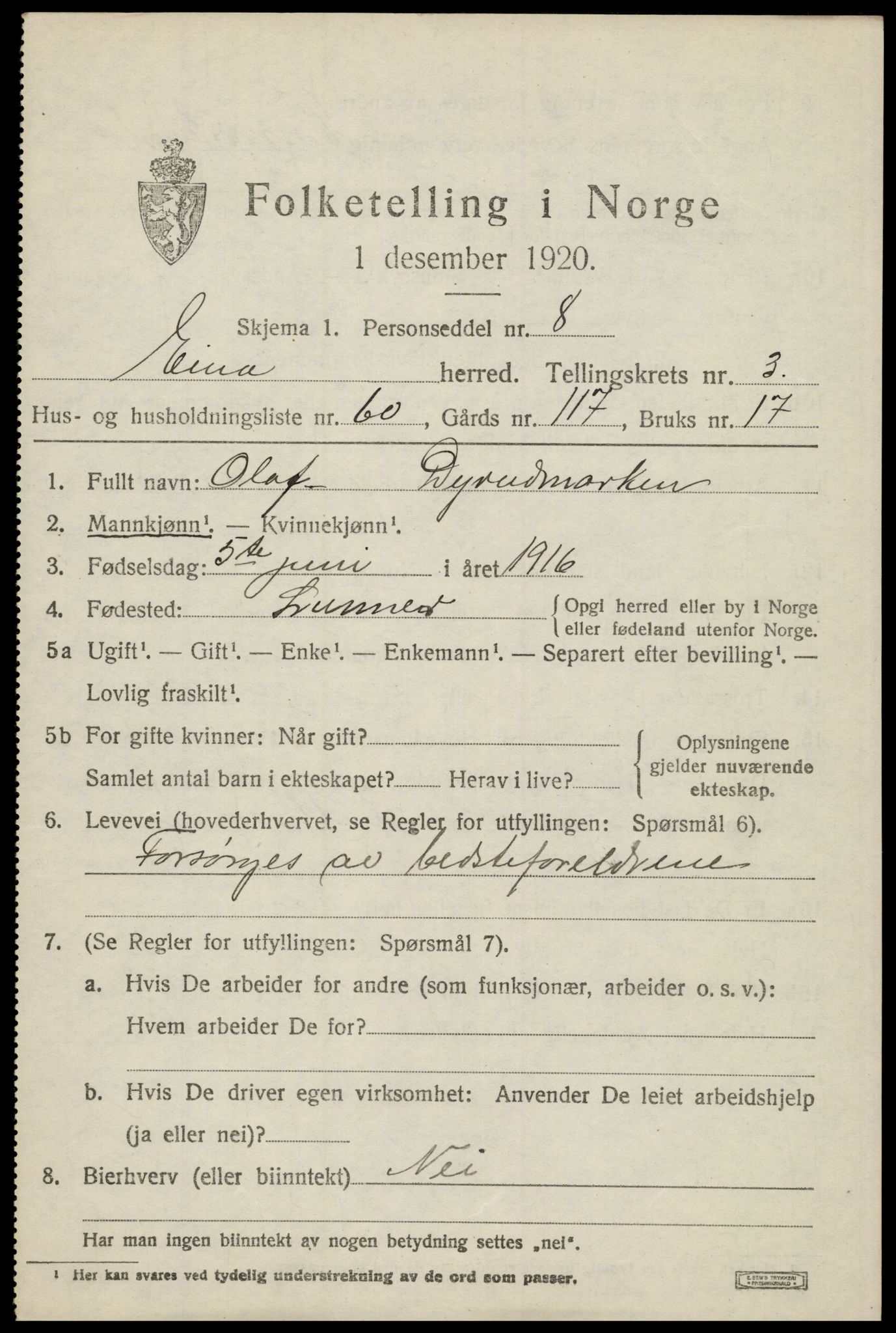 SAH, 1920 census for Eina, 1920, p. 2914