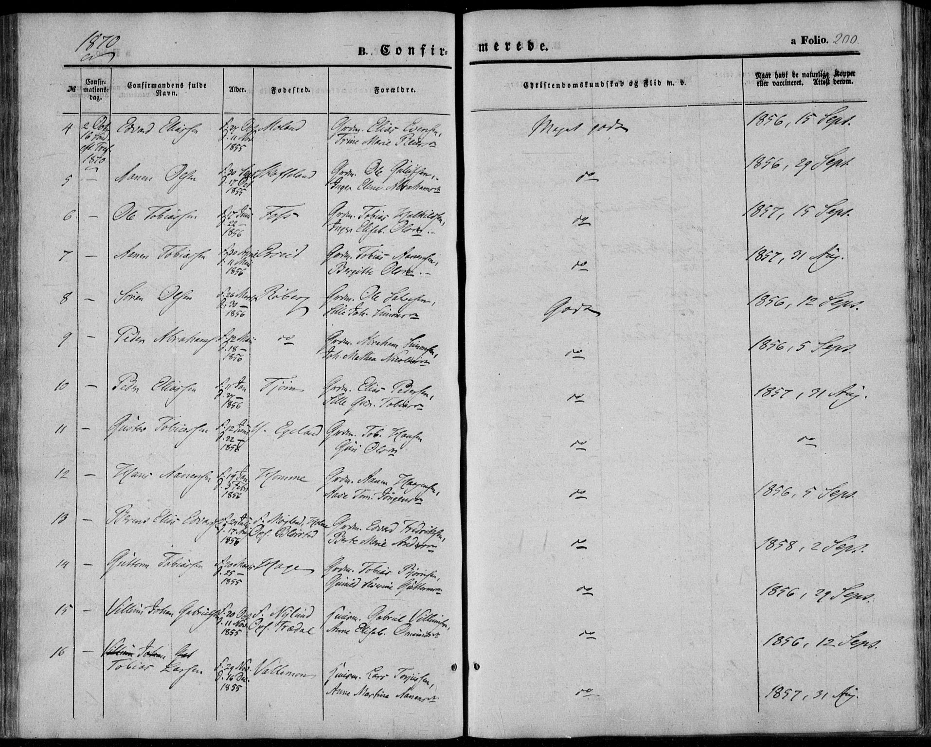 Sør-Audnedal sokneprestkontor, AV/SAK-1111-0039/F/Fa/Fab/L0007: Parish register (official) no. A 7, 1855-1876, p. 200