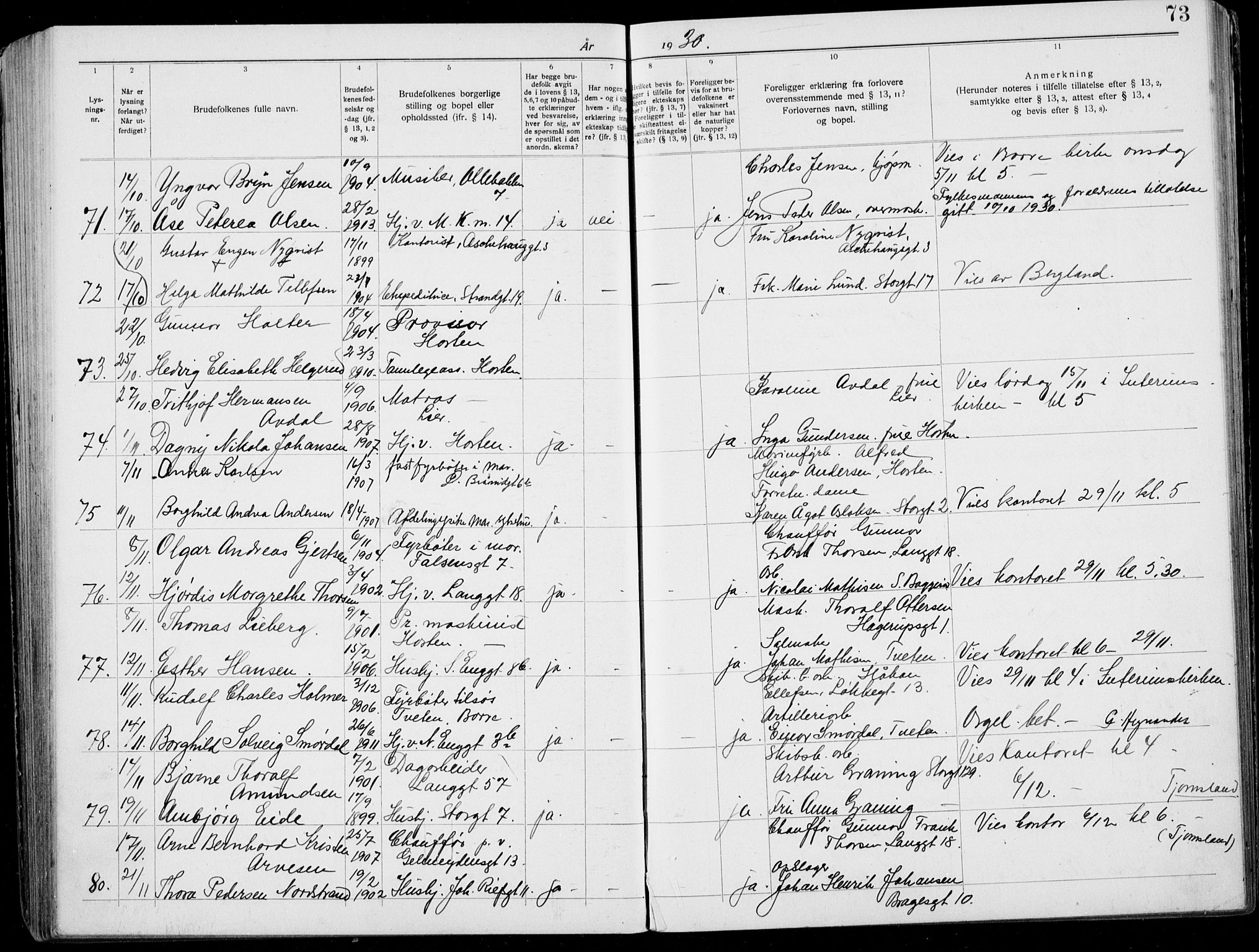 Horten kirkebøker, AV/SAKO-A-348/H/Ha/L0006: Banns register no. 6, 1920-1934, p. 73