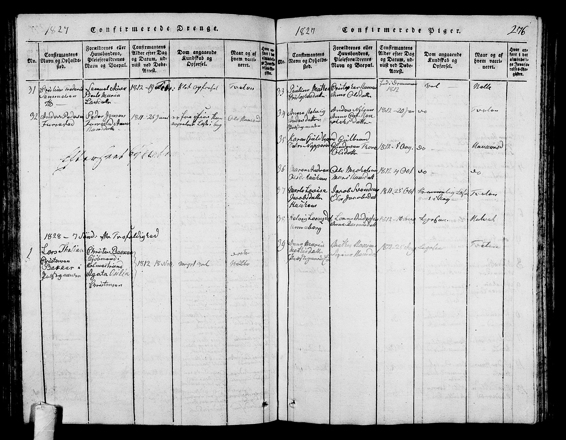 Sandar kirkebøker, SAKO/A-243/G/Ga/L0001: Parish register (copy) no. 1, 1814-1835, p. 276