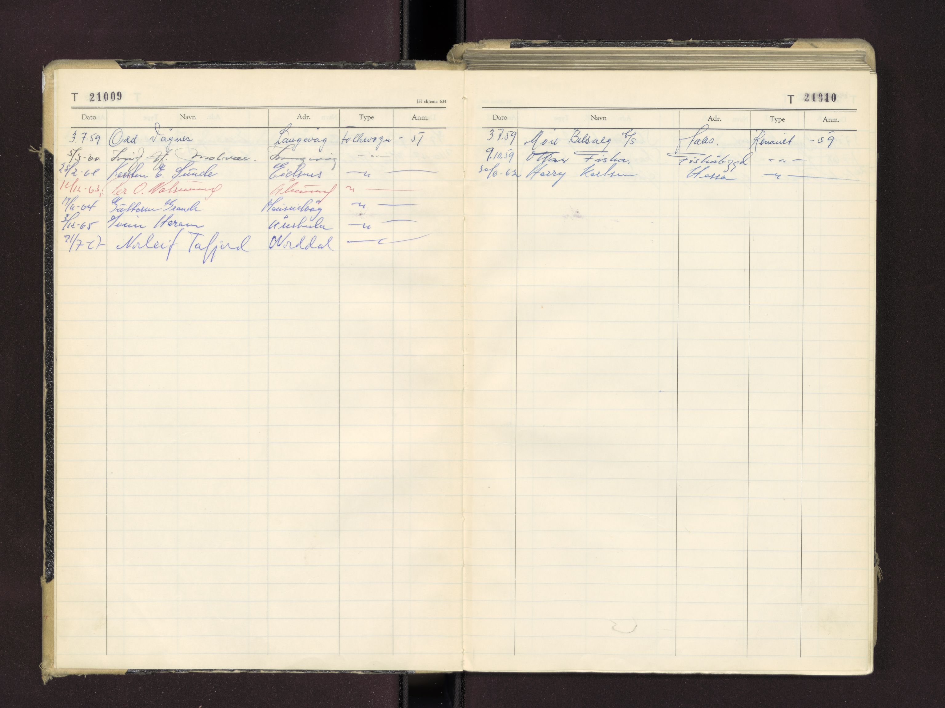 Møre og Romsdal vegkontor - Ålesund trafikkstasjon, AV/SAT-A-4099/F/Fc/L0016: Bilregister; T 21000 - T 21499, 1955-1970