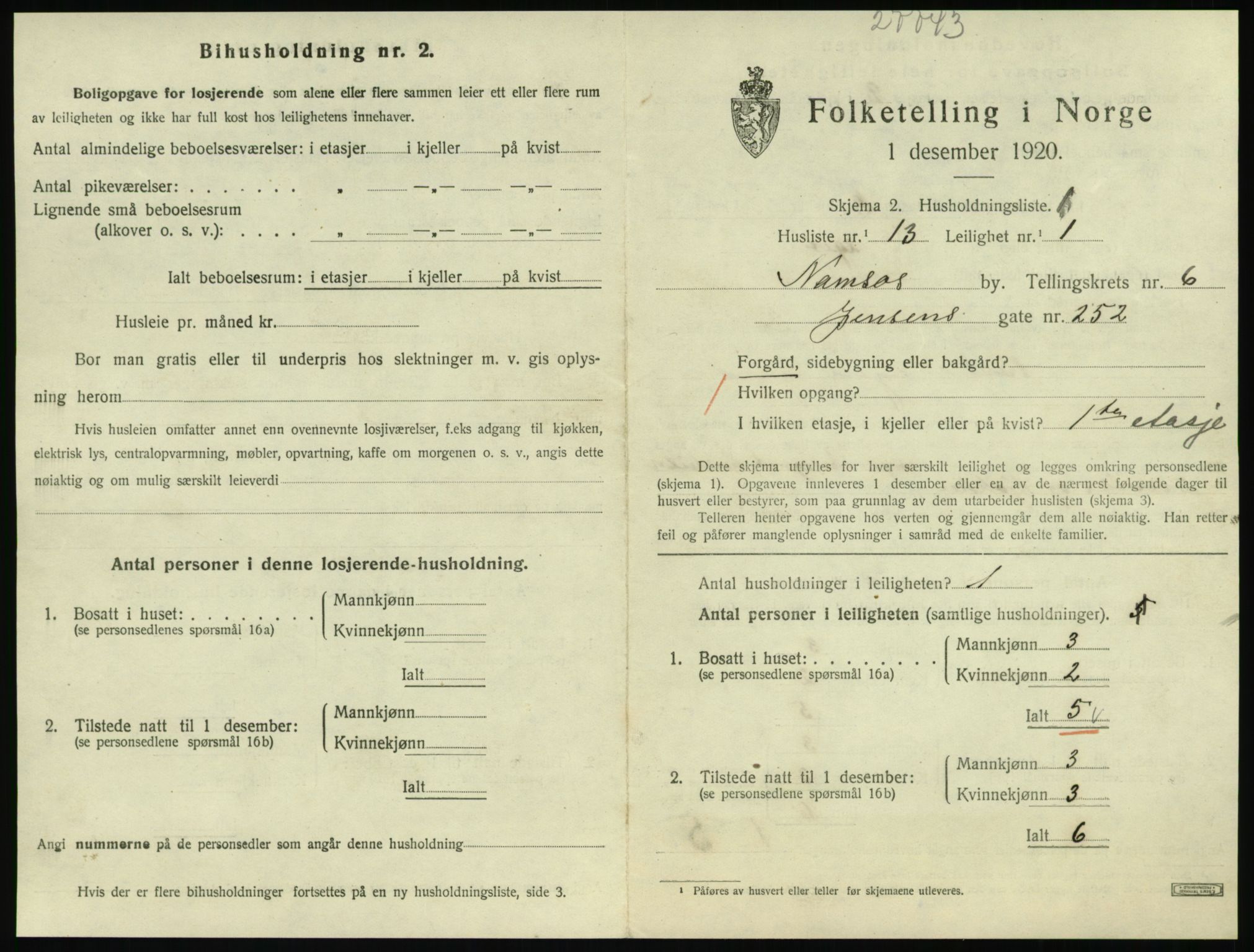 SAT, 1920 census for Namsos, 1920, p. 1813