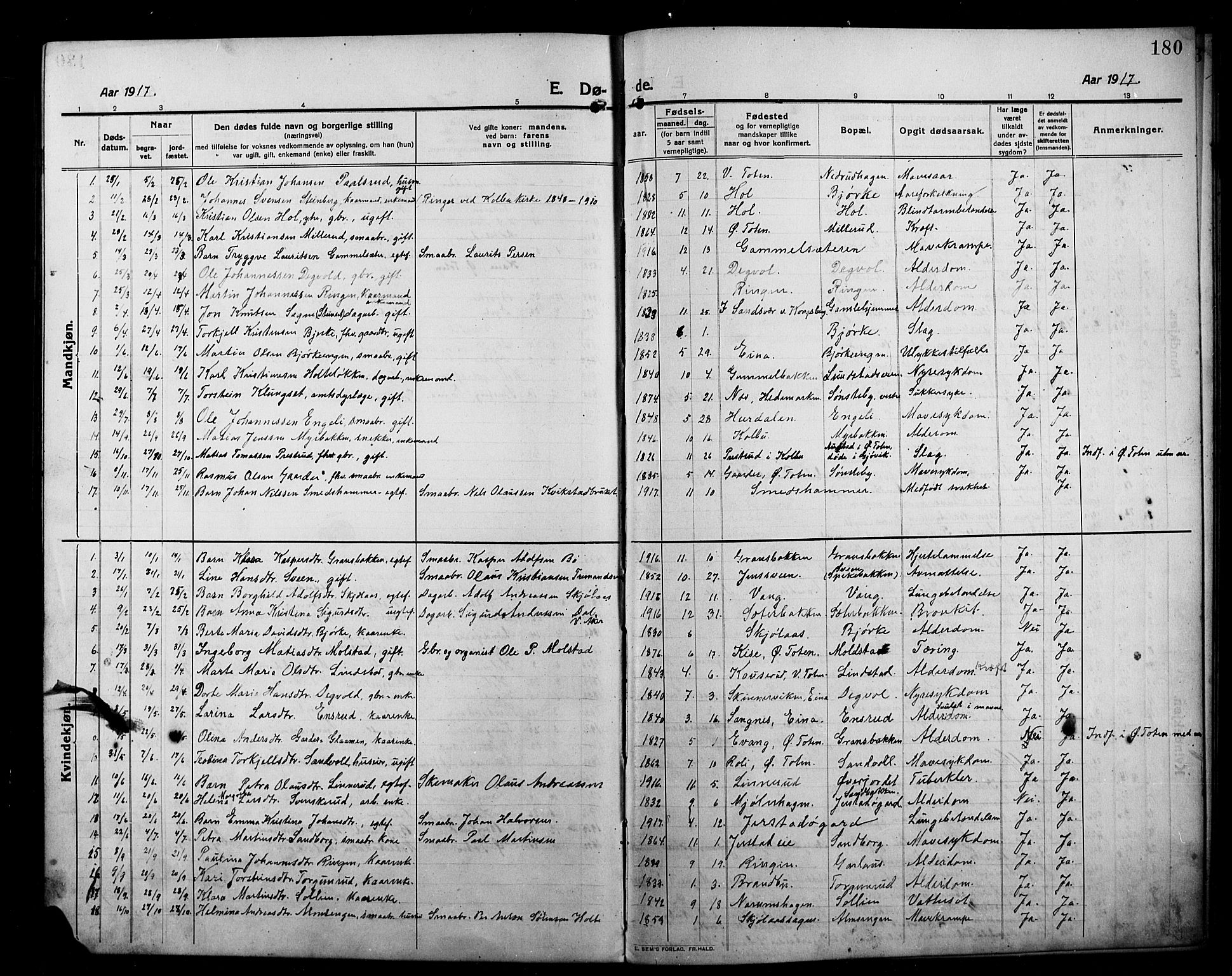 Kolbu prestekontor, AV/SAH-PREST-110/H/Ha/Hab/L0001: Parish register (copy) no. 1, 1912-1925, p. 180