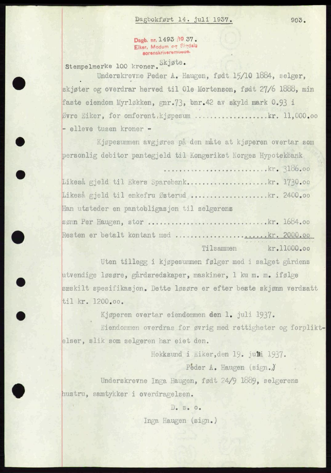 Eiker, Modum og Sigdal sorenskriveri, SAKO/A-123/G/Ga/Gab/L0035: Mortgage book no. A5, 1937-1937, Diary no: : 1493/1937