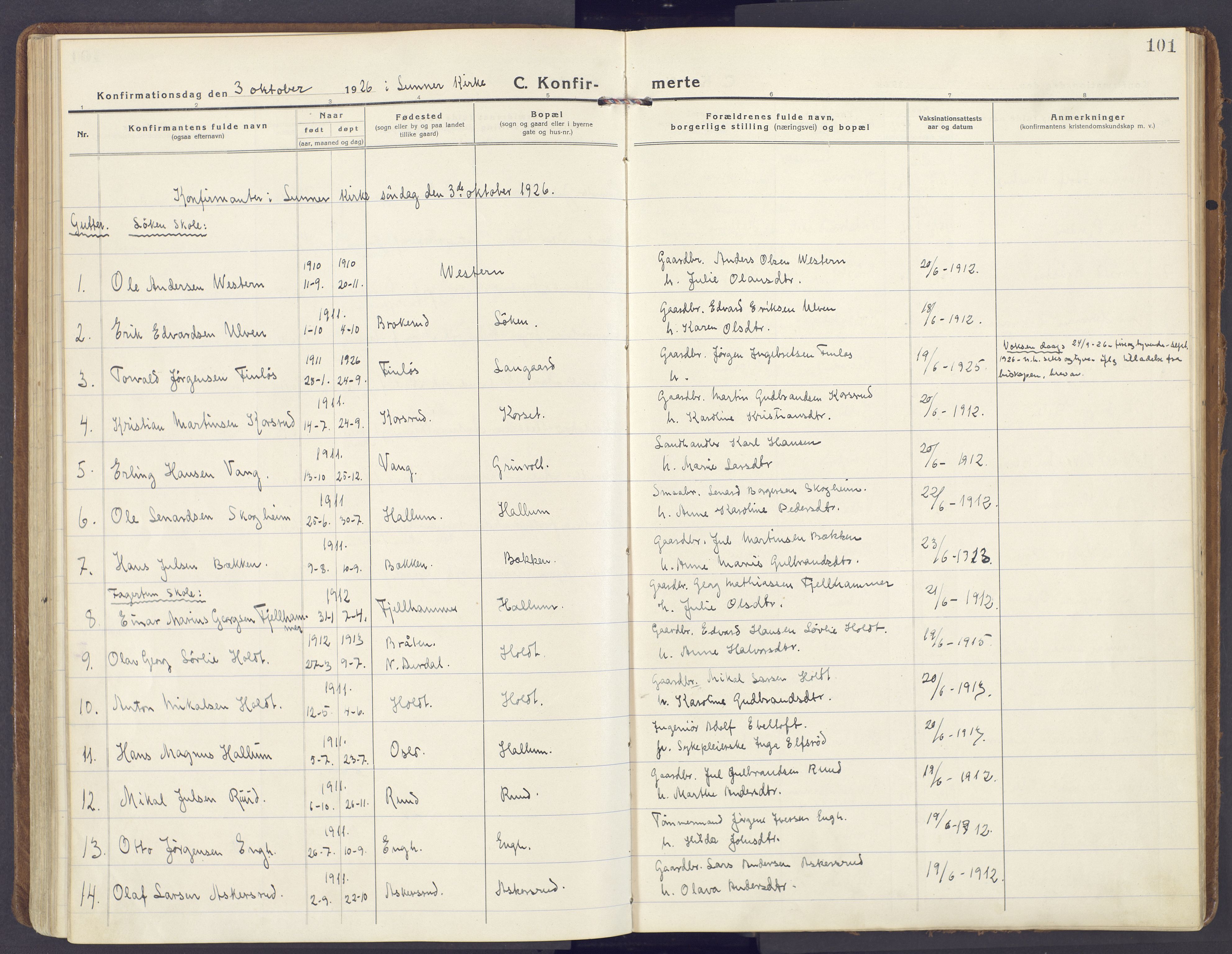 Lunner prestekontor, SAH/PREST-118/H/Ha/Haa/L0002: Parish register (official) no. 2, 1922-1931, p. 101