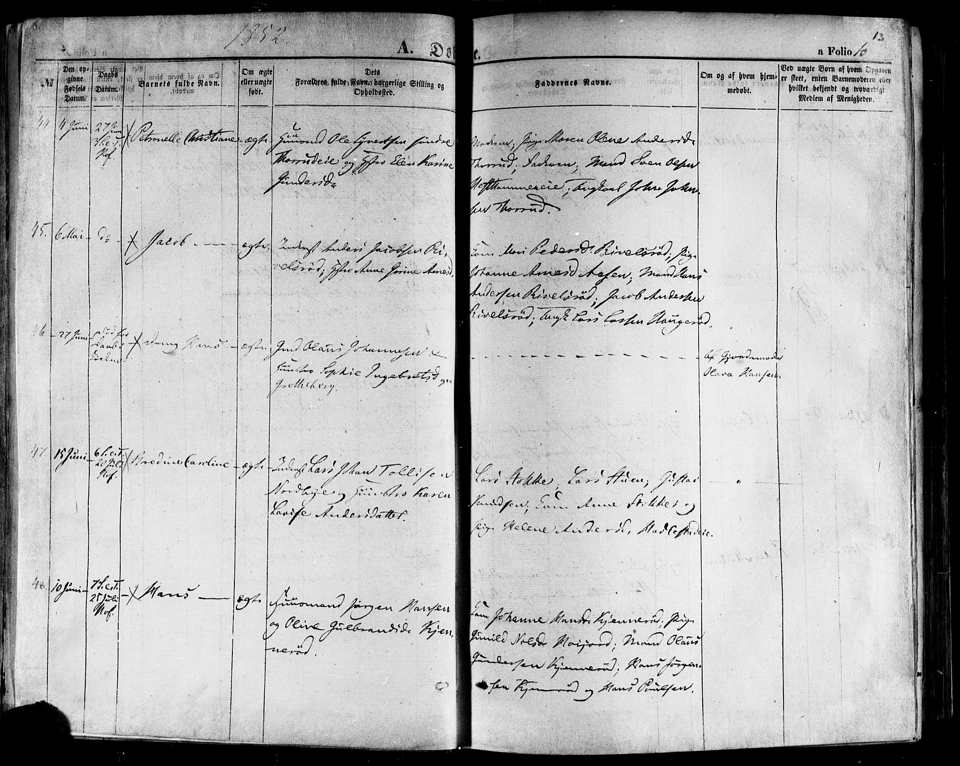 Hof kirkebøker, AV/SAKO-A-64/F/Fa/L0006: Parish register (official) no. I 6, 1851-1877, p. 13